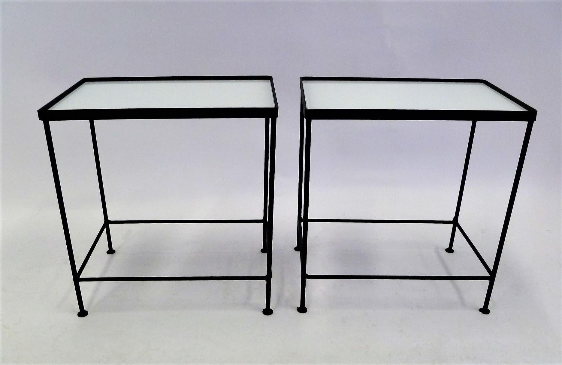 Paul McCobb Style Pair Blackened Iron and White Glass Occasional Side Tables 1