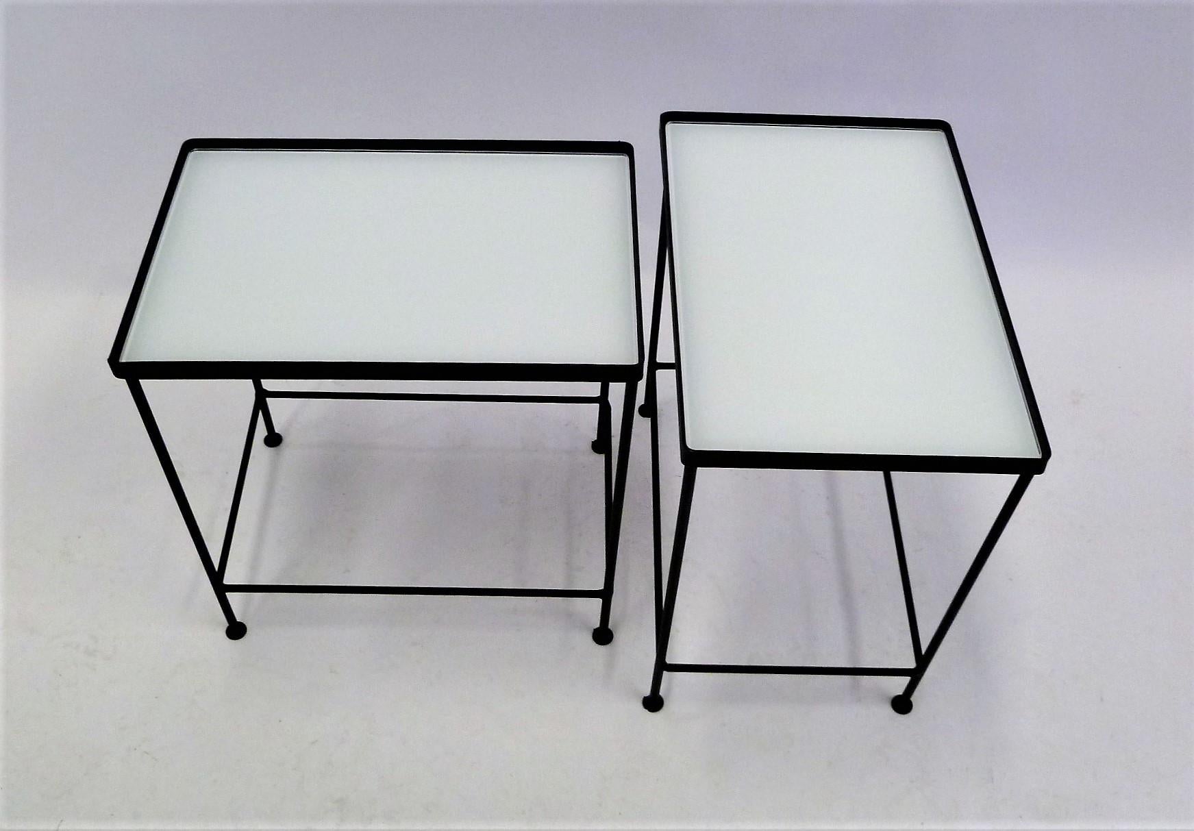 Paul McCobb Style Pair Blackened Iron and White Glass Occasional Side Tables 2