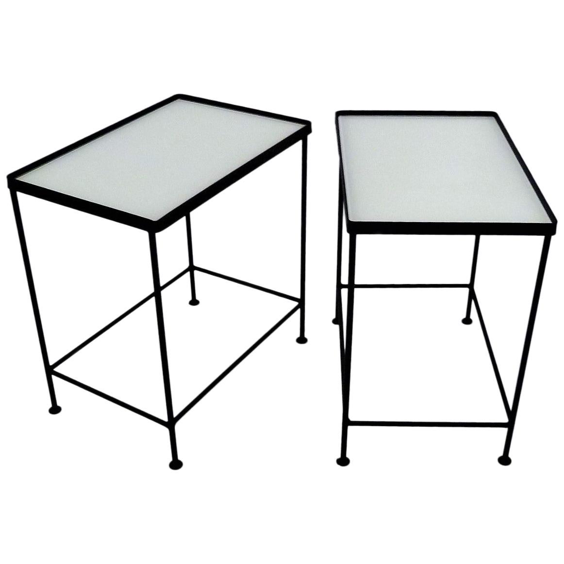Paul McCobb Style Pair Blackened Iron and White Glass Occasional Side Tables