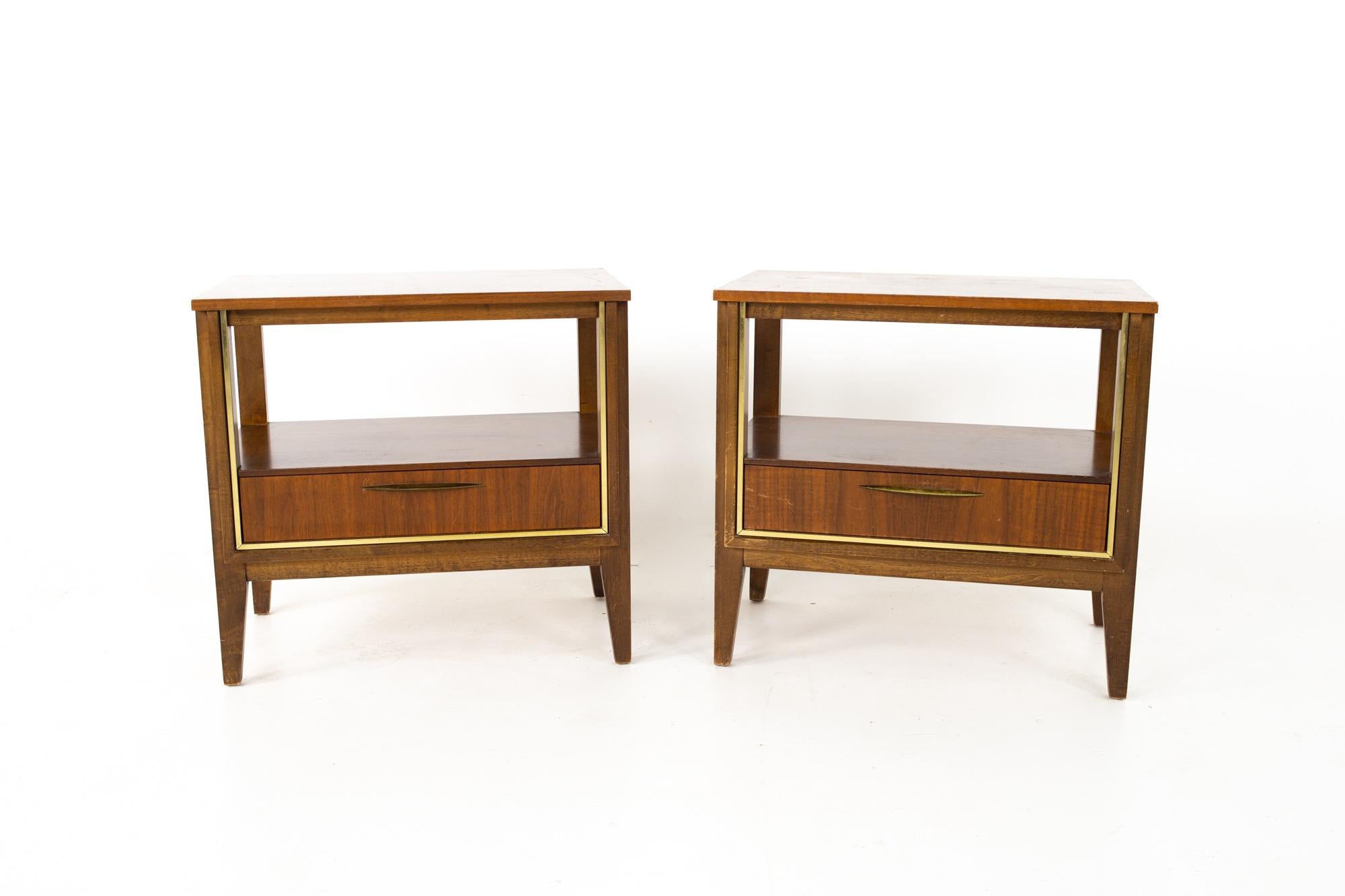 Mid-Century Modern Paul McCobb Style West Michigan Furniture MCM Walnut and Brass Nightstands Pair