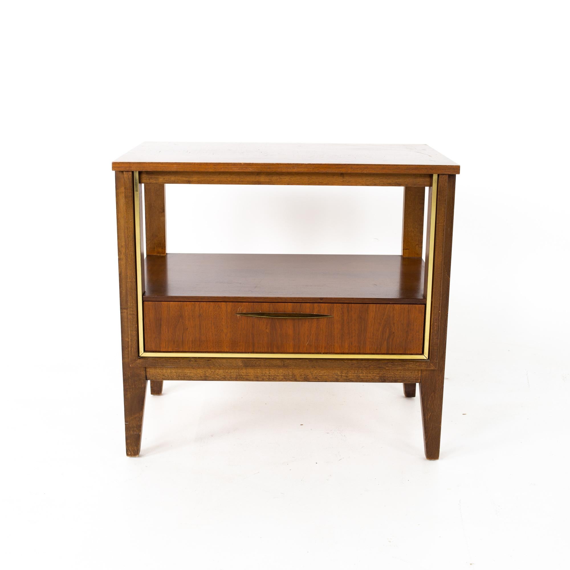 Late 20th Century Paul McCobb Style West Michigan Furniture MCM Walnut and Brass Nightstands Pair