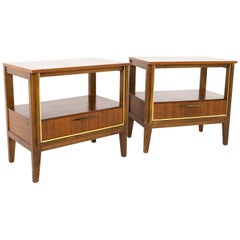 Paul McCobb Style West Michigan Furniture MCM Walnut and Brass Nightstands Pair