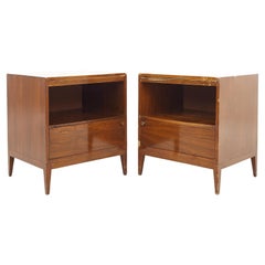Paul McCobb Style West Michigan Furniture MCM Walnut and Brass Nightstands, Pair