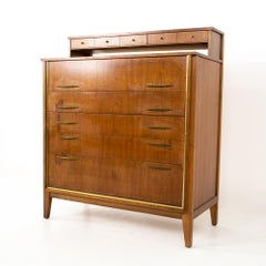 Paul McCobb Style West Michigan MCM Walnut Brass Rattan Highboy Dresser