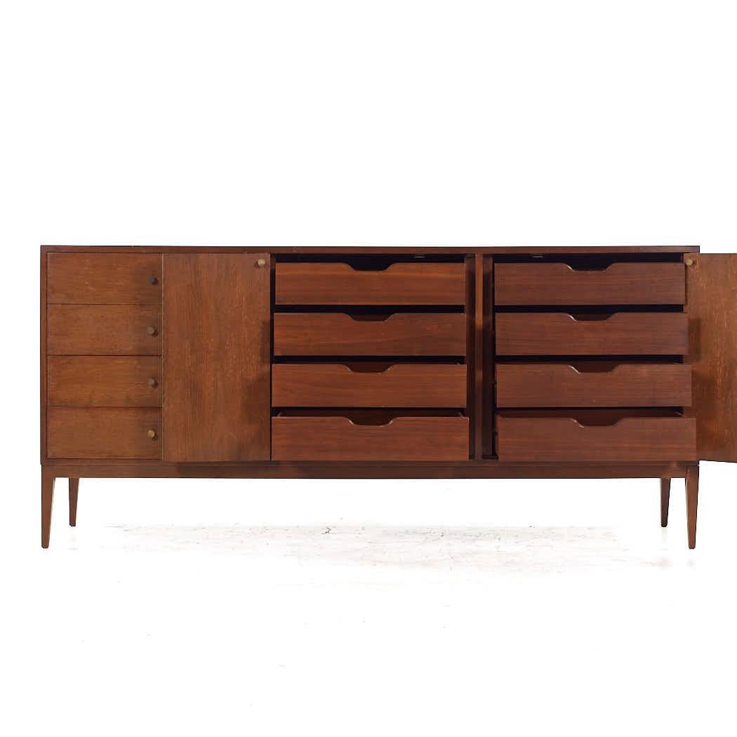 Paul McCobb Style West Michigan Mid Century Walnut and Brass Lowboy Dresser For Sale 1