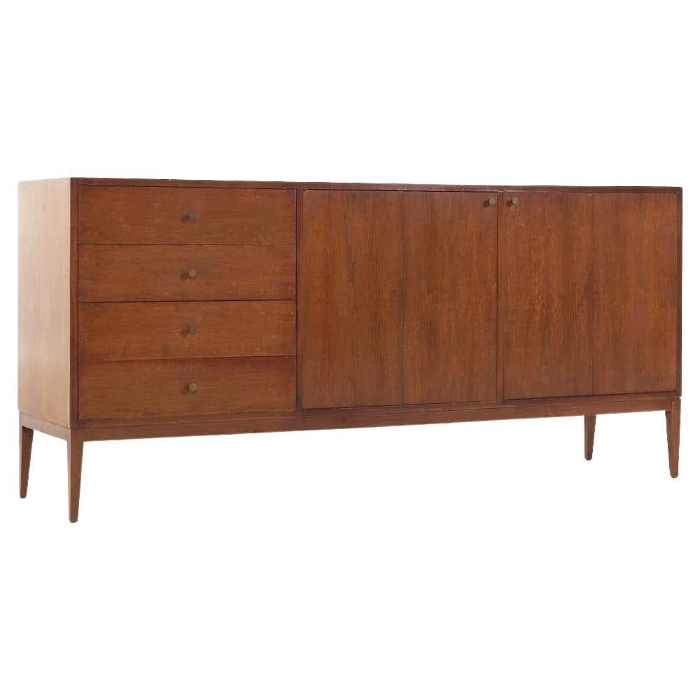 Paul McCobb Style West Michigan Mid Century Walnut and Brass Lowboy Dresser For Sale