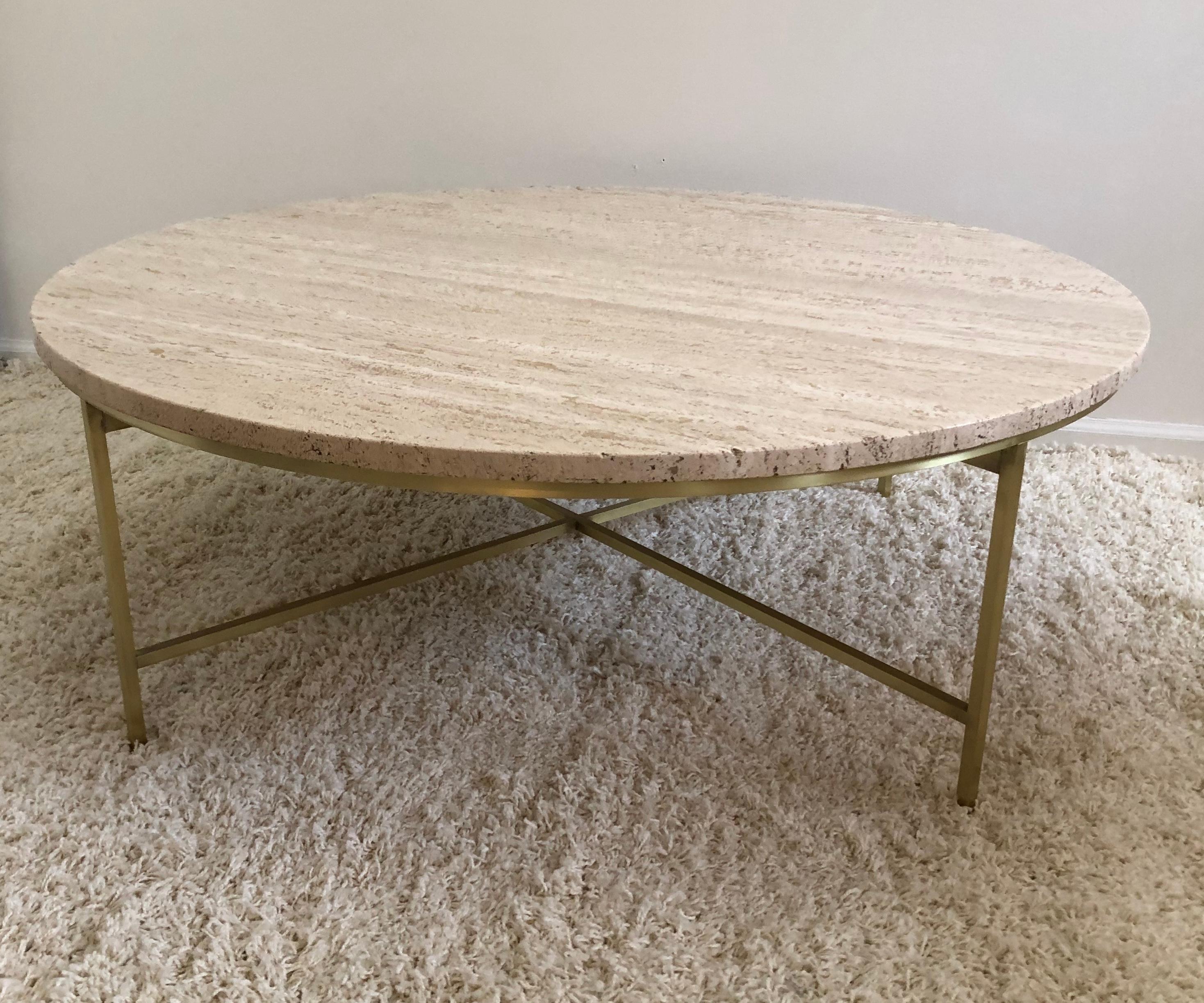 Paul McCobb planner group Terrazzo top brass cross band base circular cocktail / coffee table satin brushed finish lacquered base.