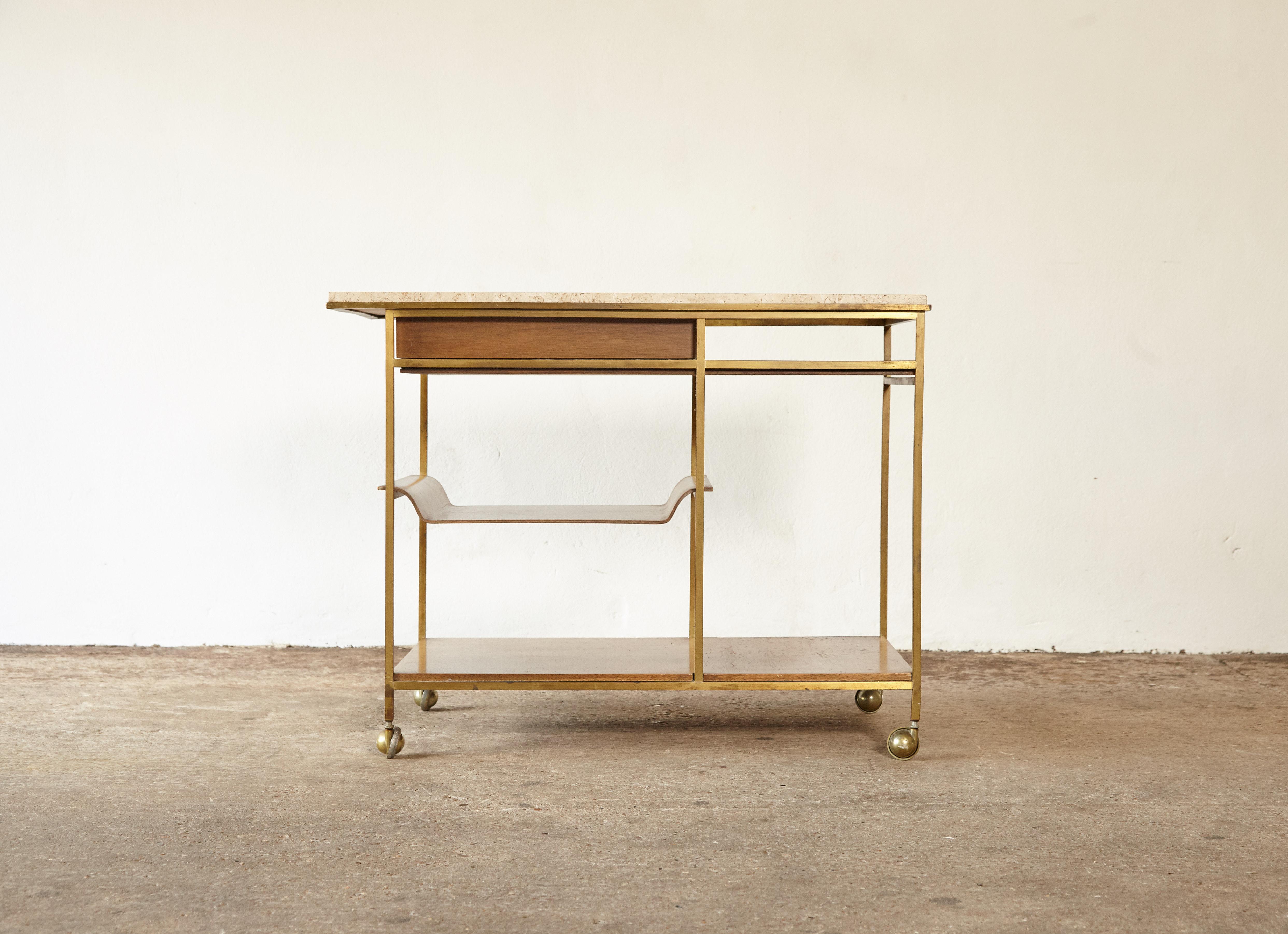 Paul McCobb Travertine and Brass Bar Cart, Produced by Calvin, USA, 1950s In Good Condition In London, GB