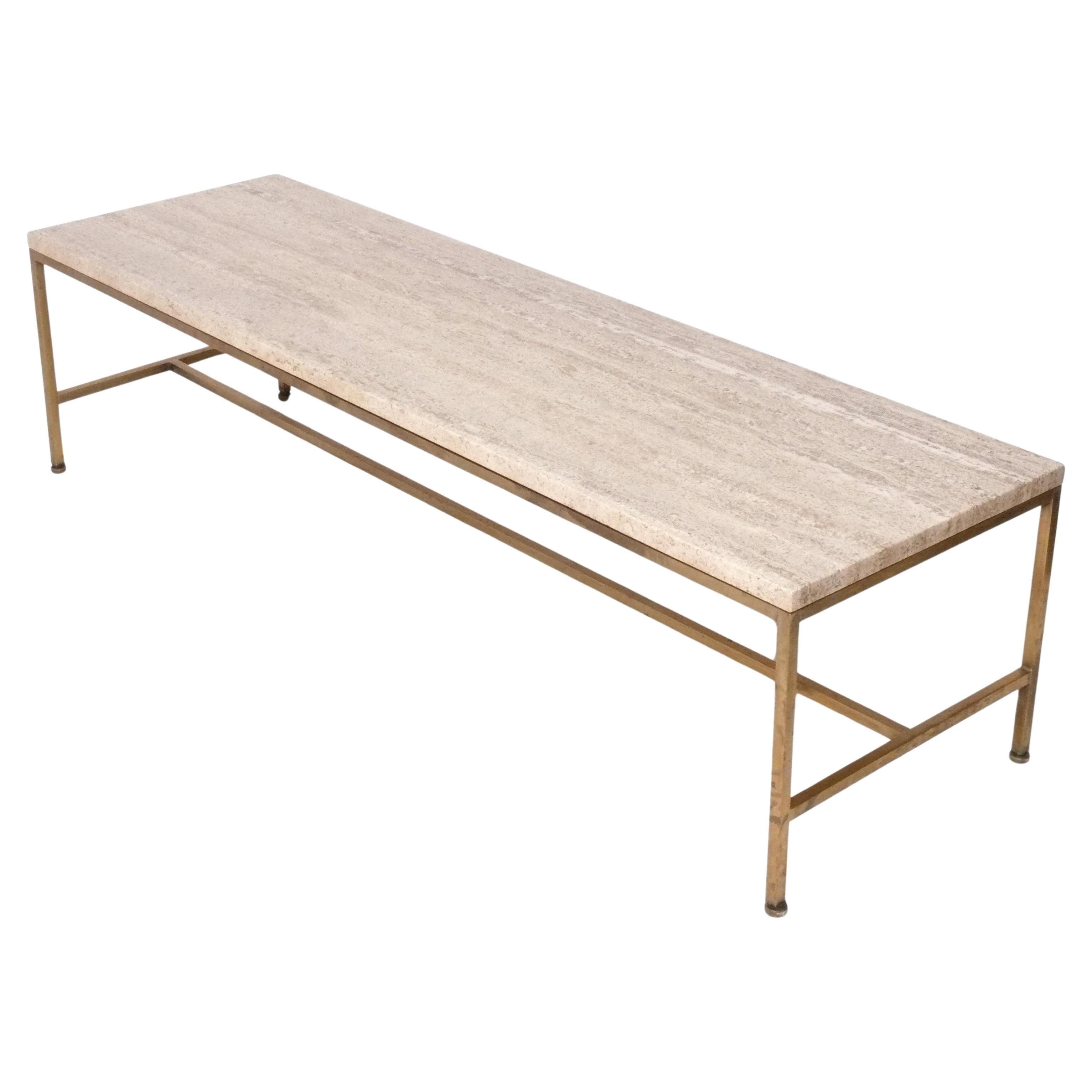 Table basse en travertin et laiton Paul McCobb Modernité du milieu du siècle dernier circa 1950 en vente