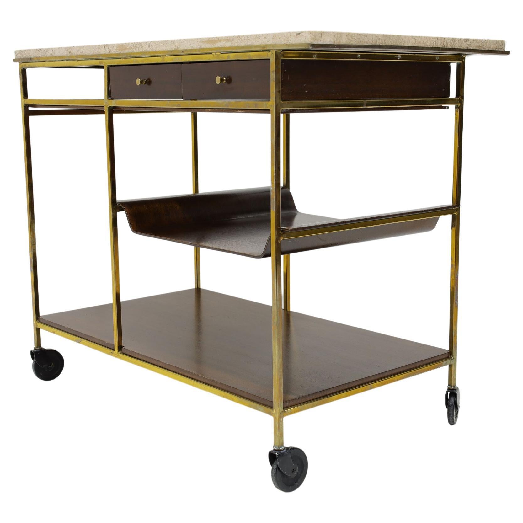 Paul McCobb Travertine, Mahogany and Brass Bar Cart