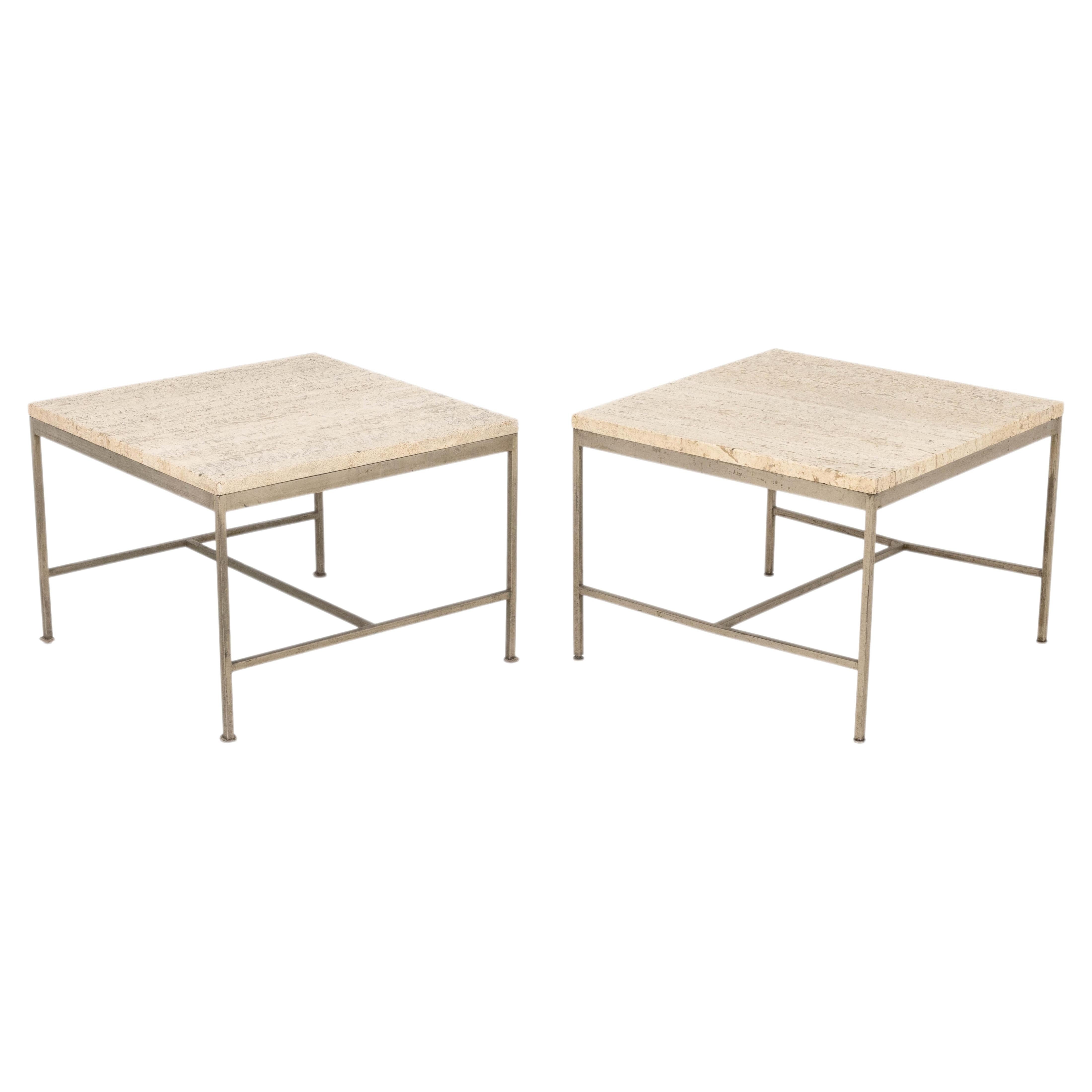 Pair of Paul McCobb Travertine Stone Top Steel Side Tables