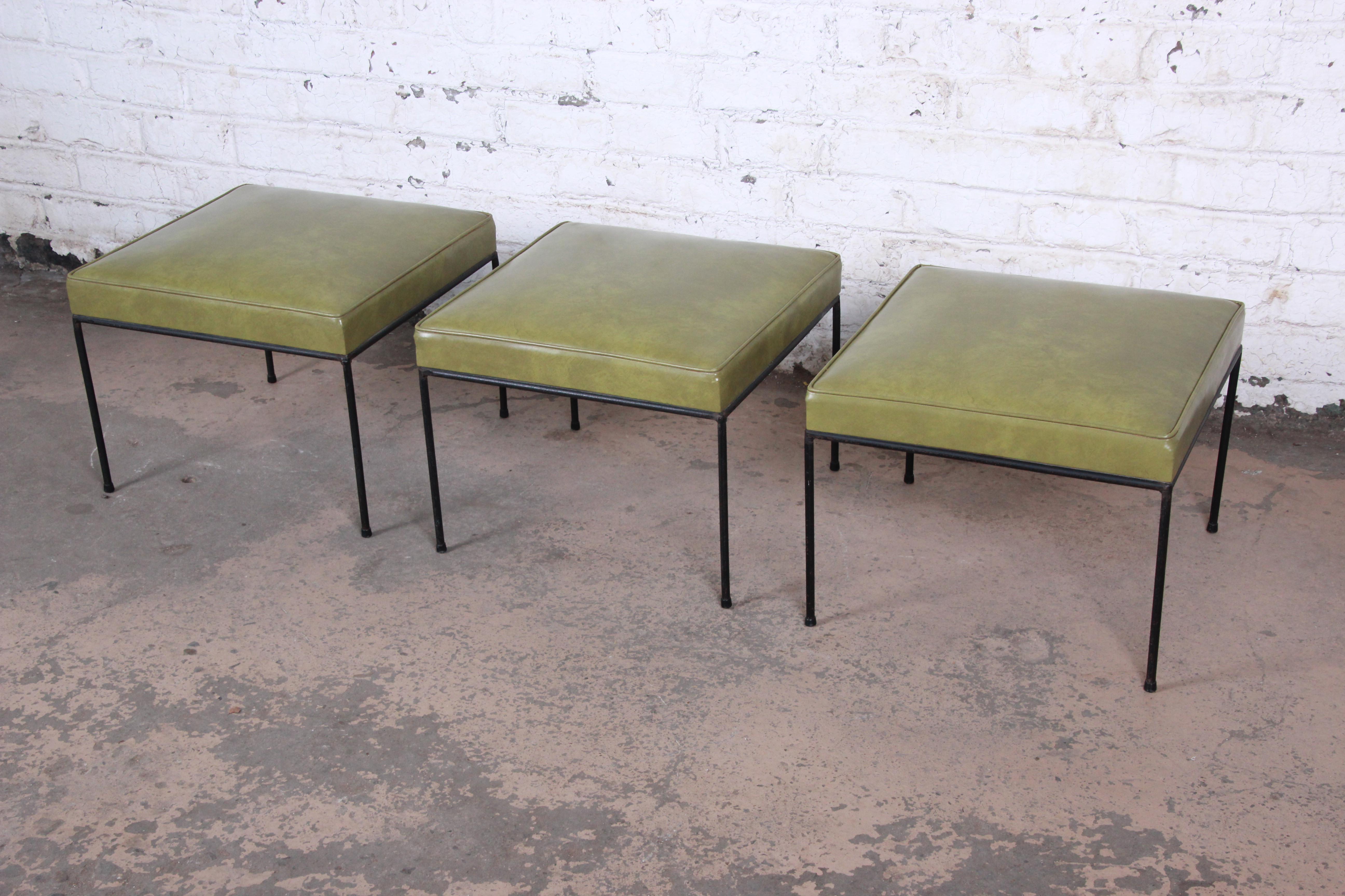 Mid-Century Modern Paul McCobb Upholstered Iron Stools or Ottomans, Set of Three