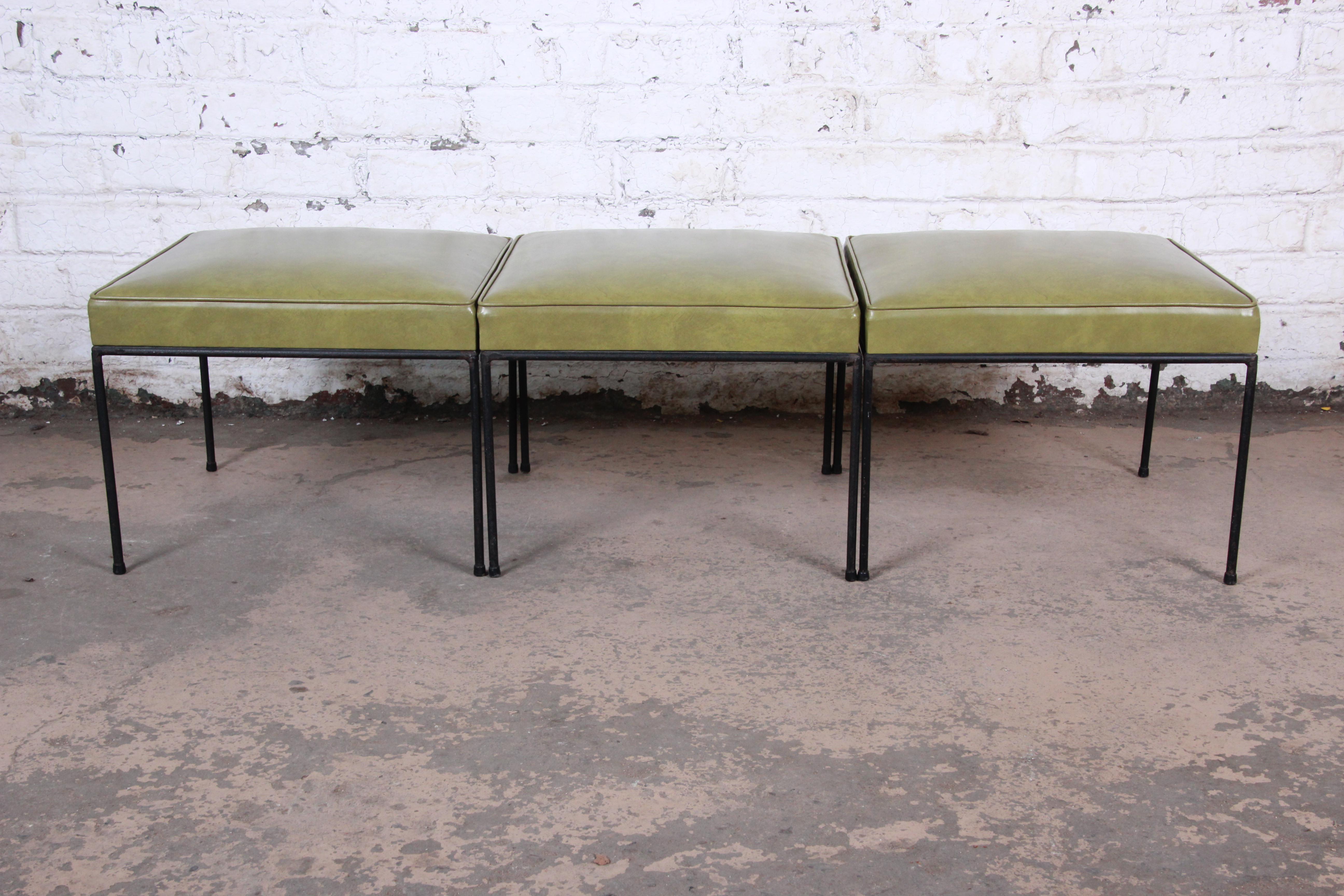 Upholstery Paul McCobb Upholstered Iron Stools or Ottomans, Set of Three
