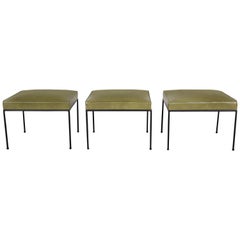 Paul McCobb Upholstered Iron Stools or Ottomans, Set of Three