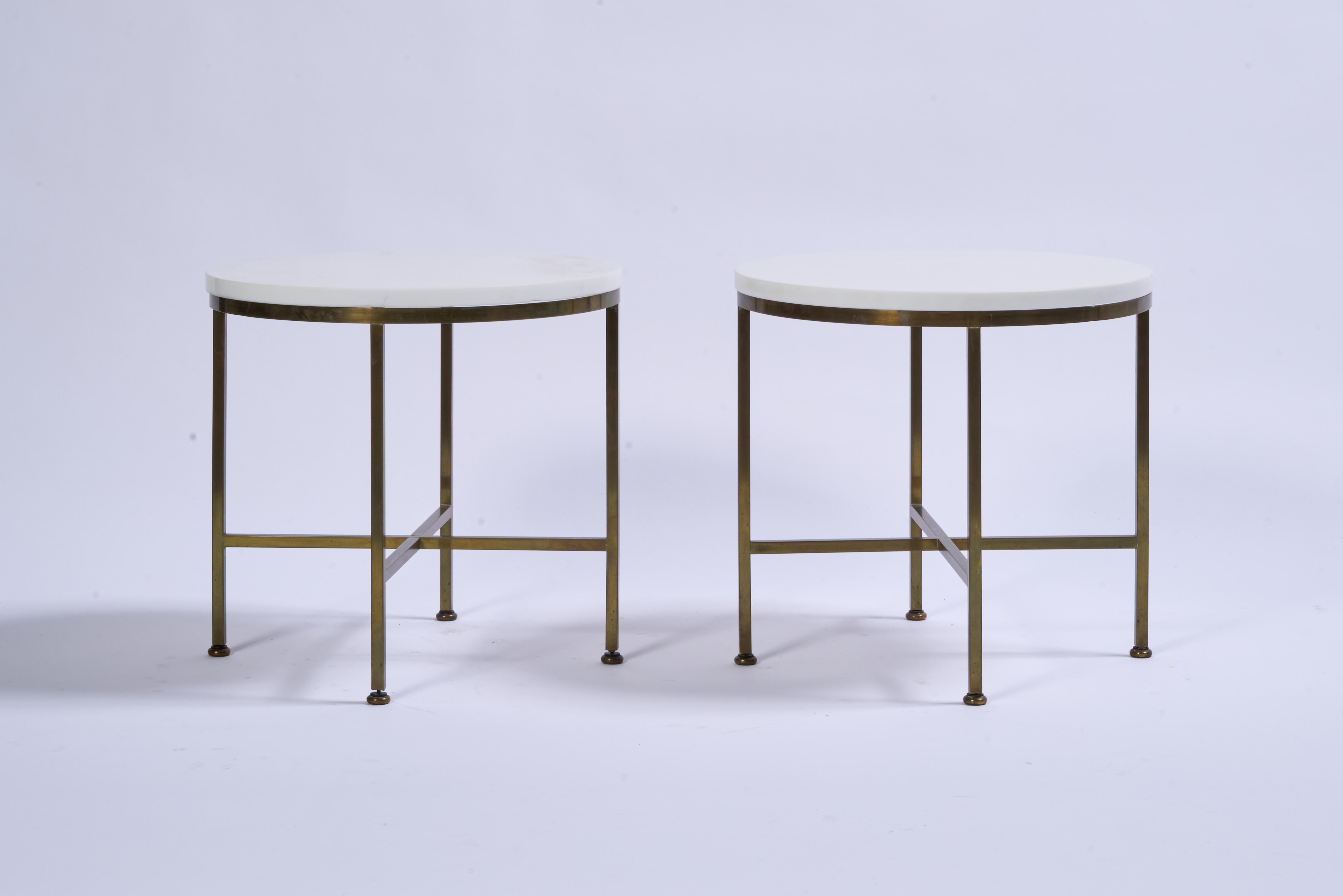 Américain Paul McCobb Vitrolite Round Brass Tables, a Pair en vente