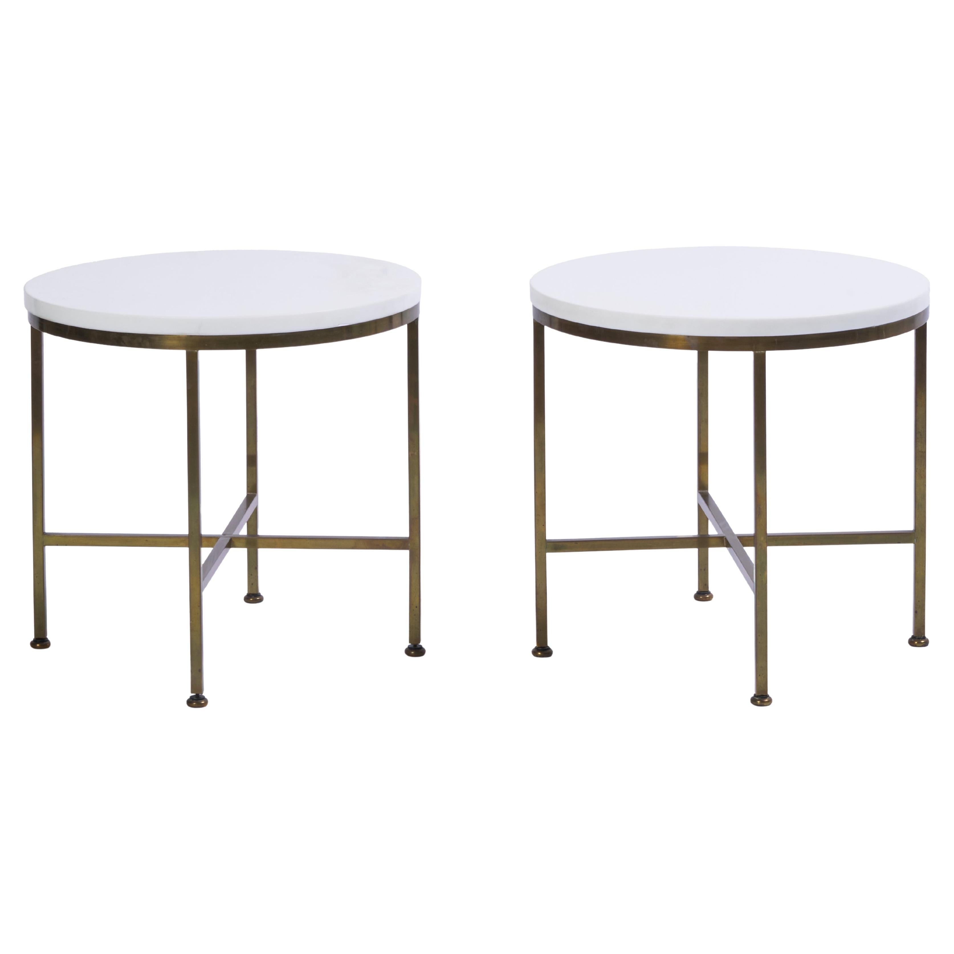 Paul McCobb Vitrolite Round Brass Tables, a Pair