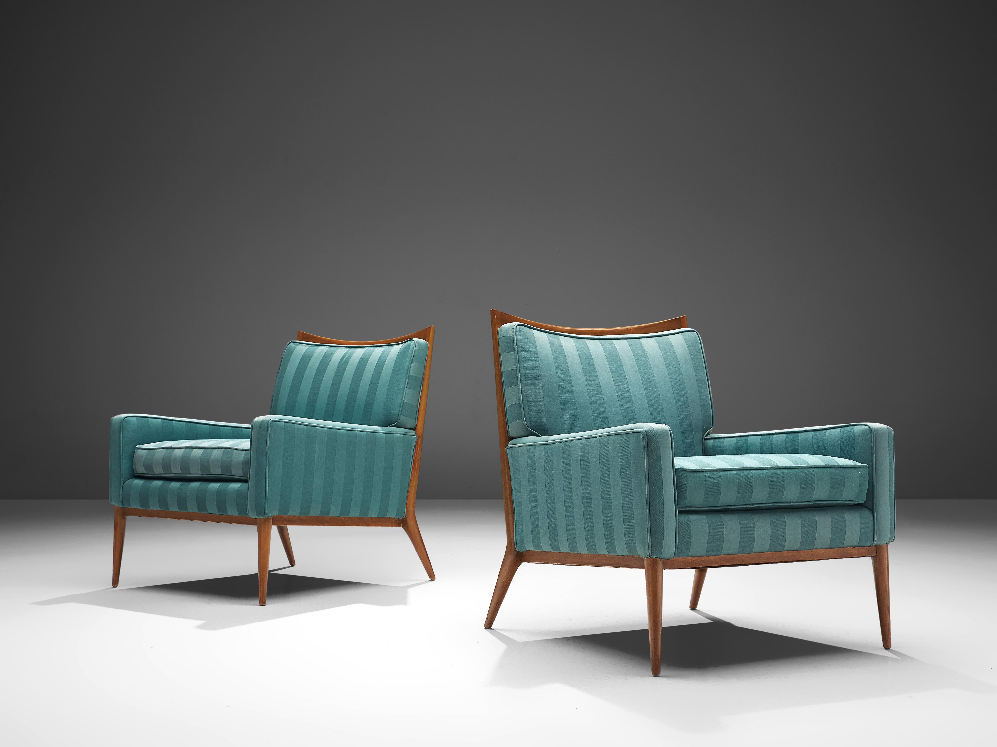 American Paul McCobb Pair of Lounge Chairs in Original Turquoise Upholstery and Walnut 