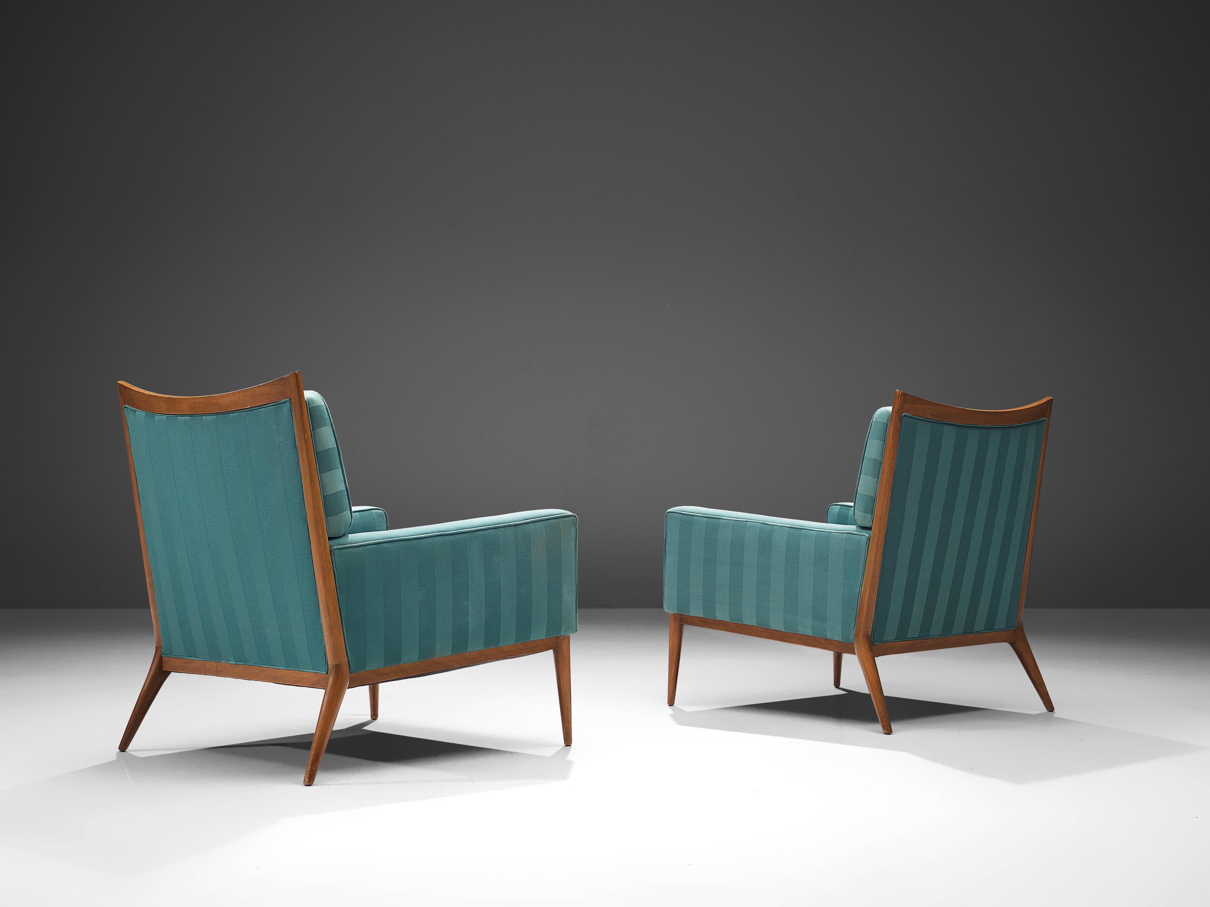 Mid-20th Century Paul McCobb Pair of Lounge Chairs in Original Turquoise Upholstery and Walnut 