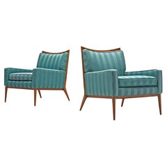 Paul McCobb Pair of Lounge Chairs in Original Turquoise Upholstery and Walnut 