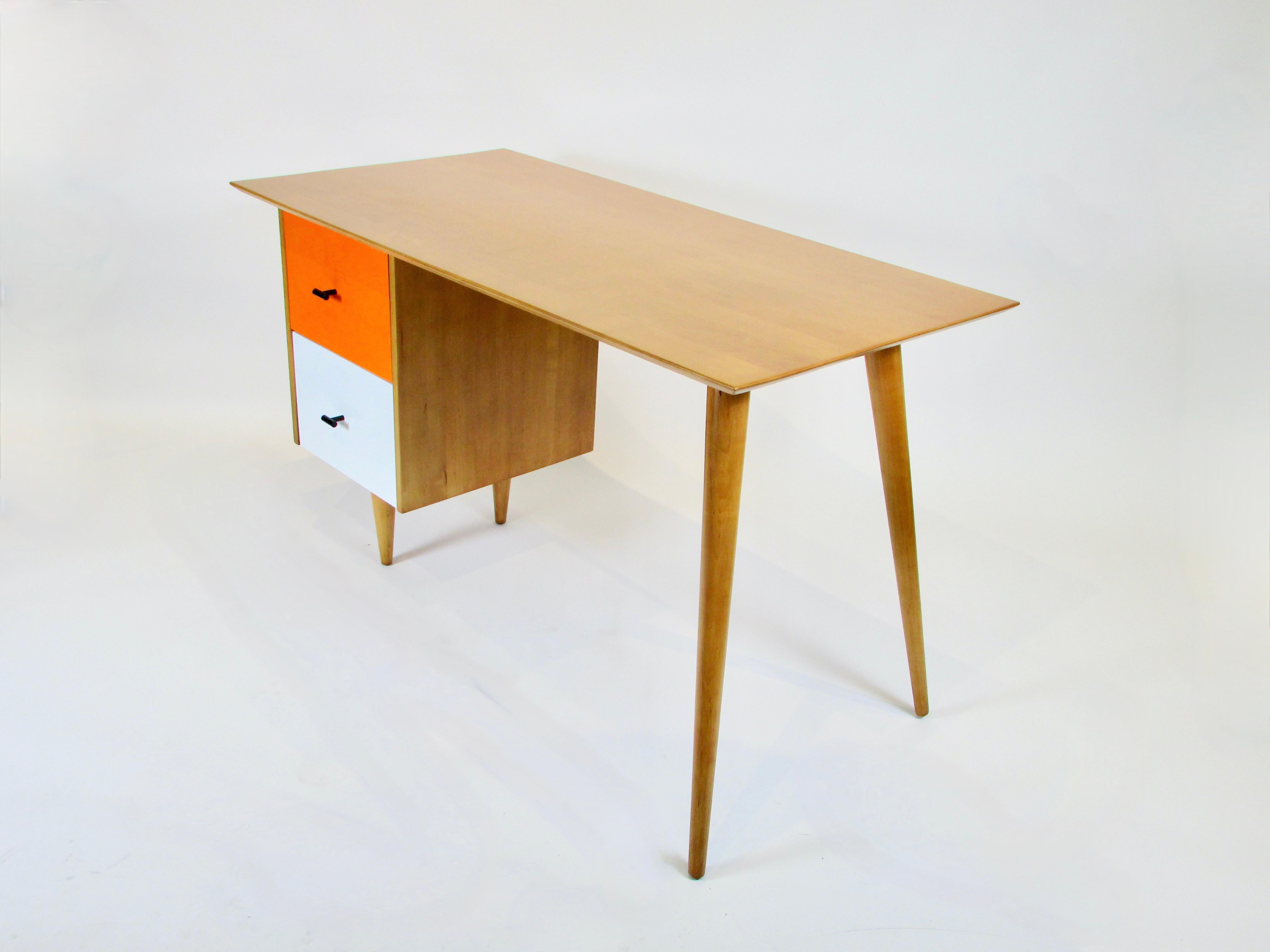 Lacquered Paul McCobb Winchendon Planner Group Blonde Desk with Orange and White Drawers For Sale