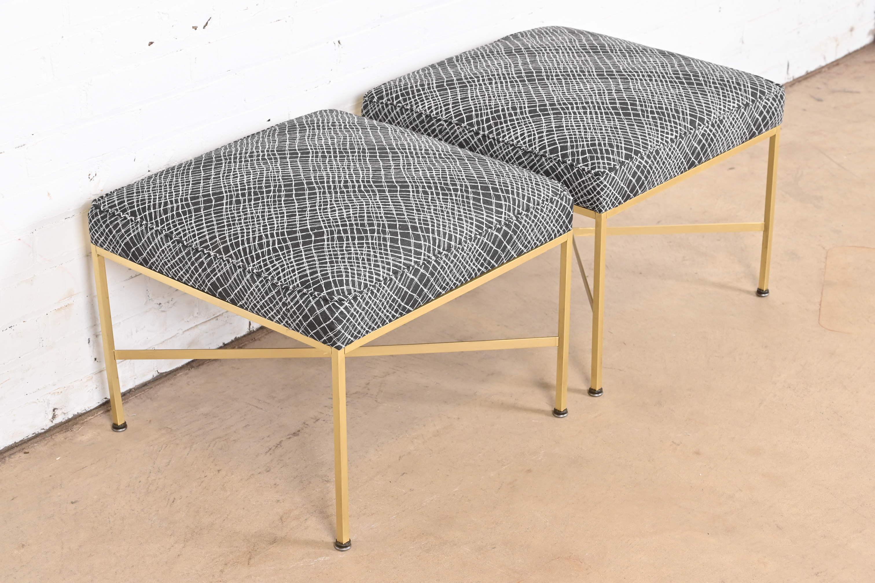 Mid-Century Modern Paul McCobb X-Base Brass and Upholstered Stools or Ottomans, Newly Restored For Sale