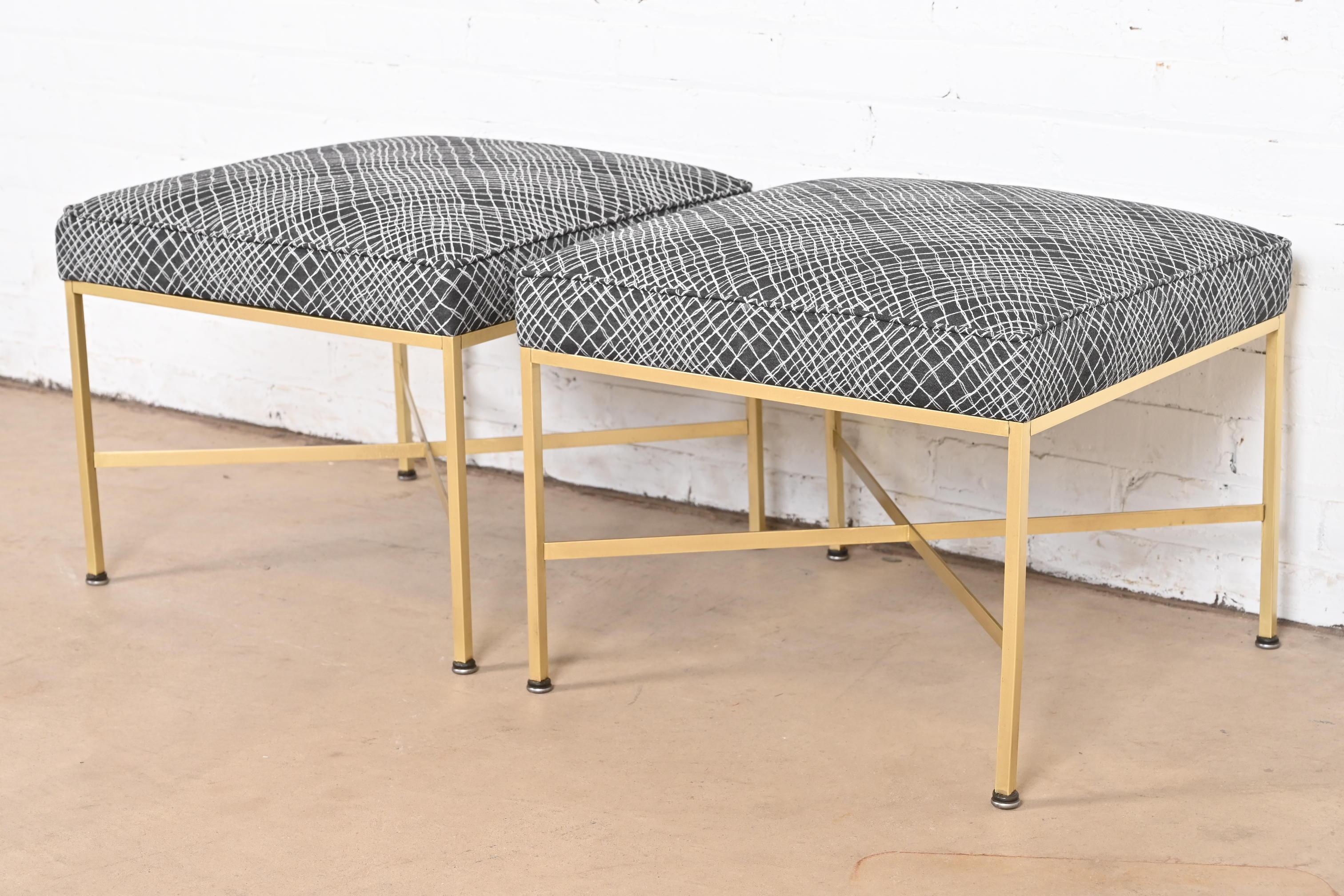 American Paul McCobb X-Base Brass and Upholstered Stools or Ottomans, Newly Restored For Sale