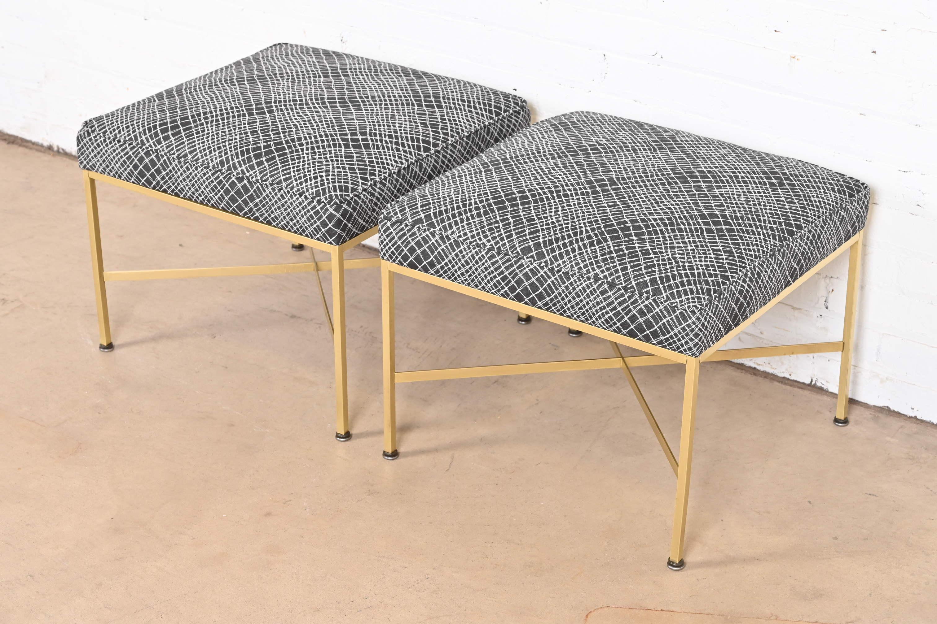 Paul McCobb X-Base Brass and Upholstered Stools or Ottomans, Newly Restored In Good Condition For Sale In South Bend, IN