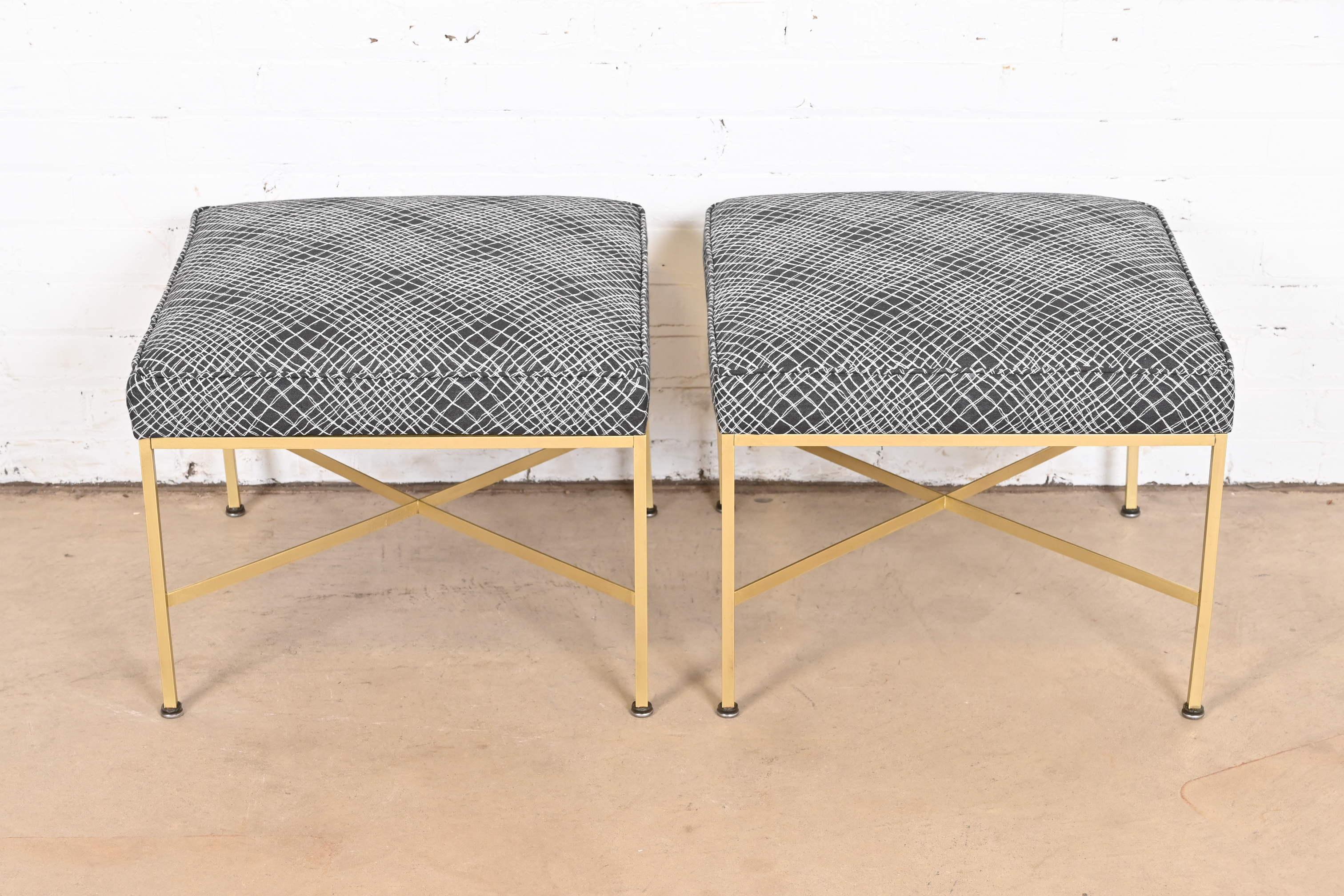 Mid-20th Century Paul McCobb X-Base Brass and Upholstered Stools or Ottomans, Newly Restored For Sale