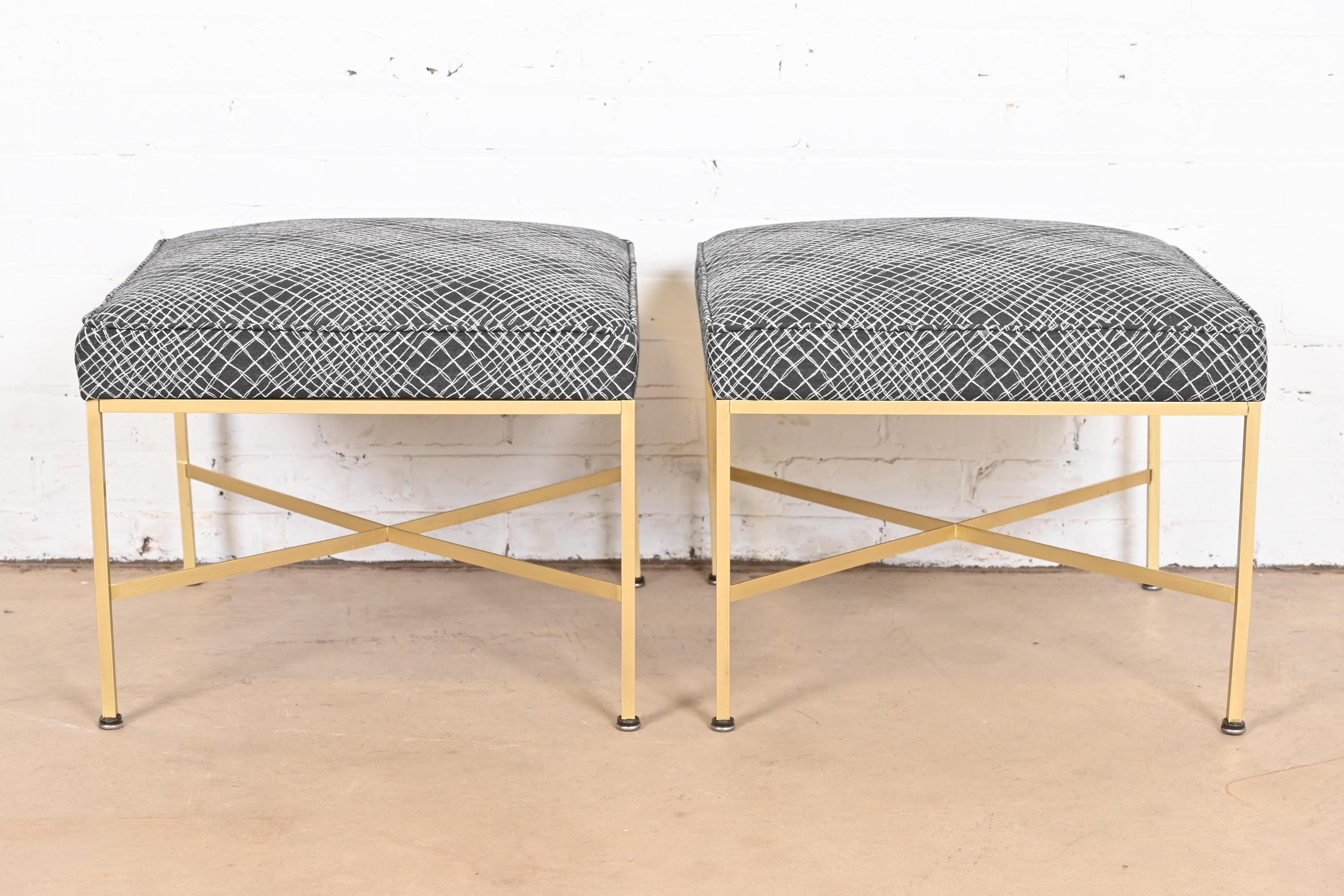 Paul McCobb X-Base Brass and Upholstered Stools or Ottomans, Newly Restored For Sale 1