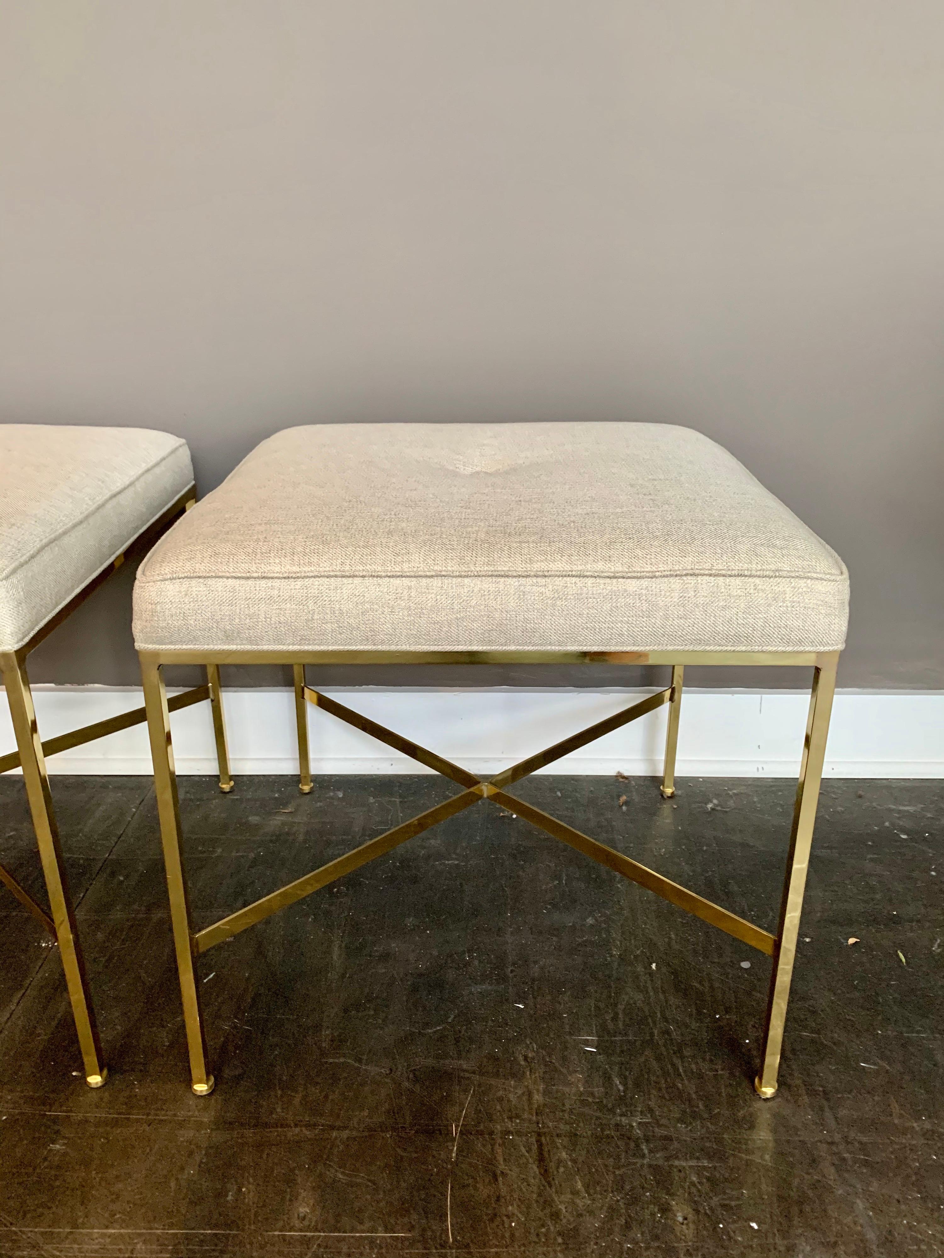 These X-base design brass stools by Paul McCobb for Calvin Furniture are truly classic and perfect for any space.
Newly upholstered seats by Gustavo Olivieri Antiques, original patina is very nice.