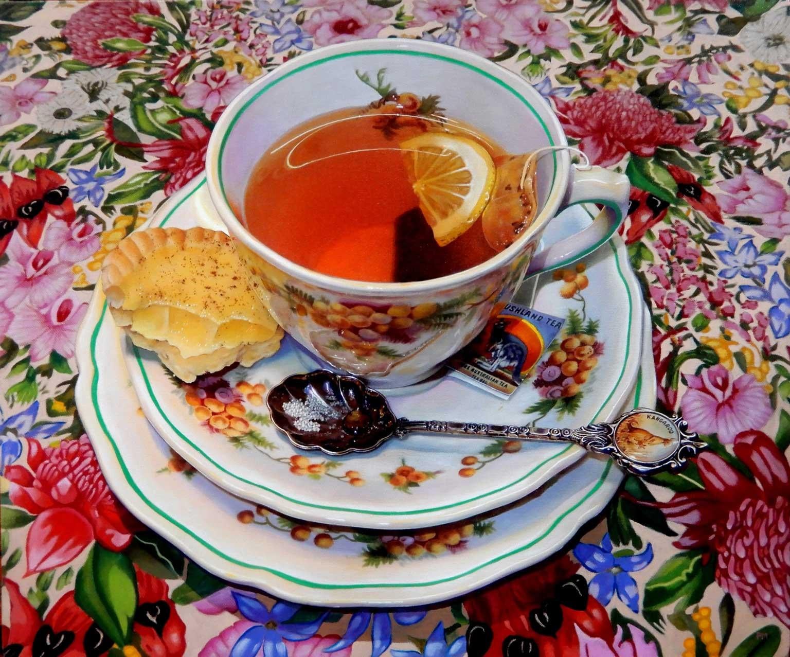 Wattle and Custard Tart is a continuation of my ongoing tea cup theme, and a part of my Australiana series. This series pairs Australian flora themed fabrics with classic Aussie biscuits. Even the tea used is Australian themed - in this case,