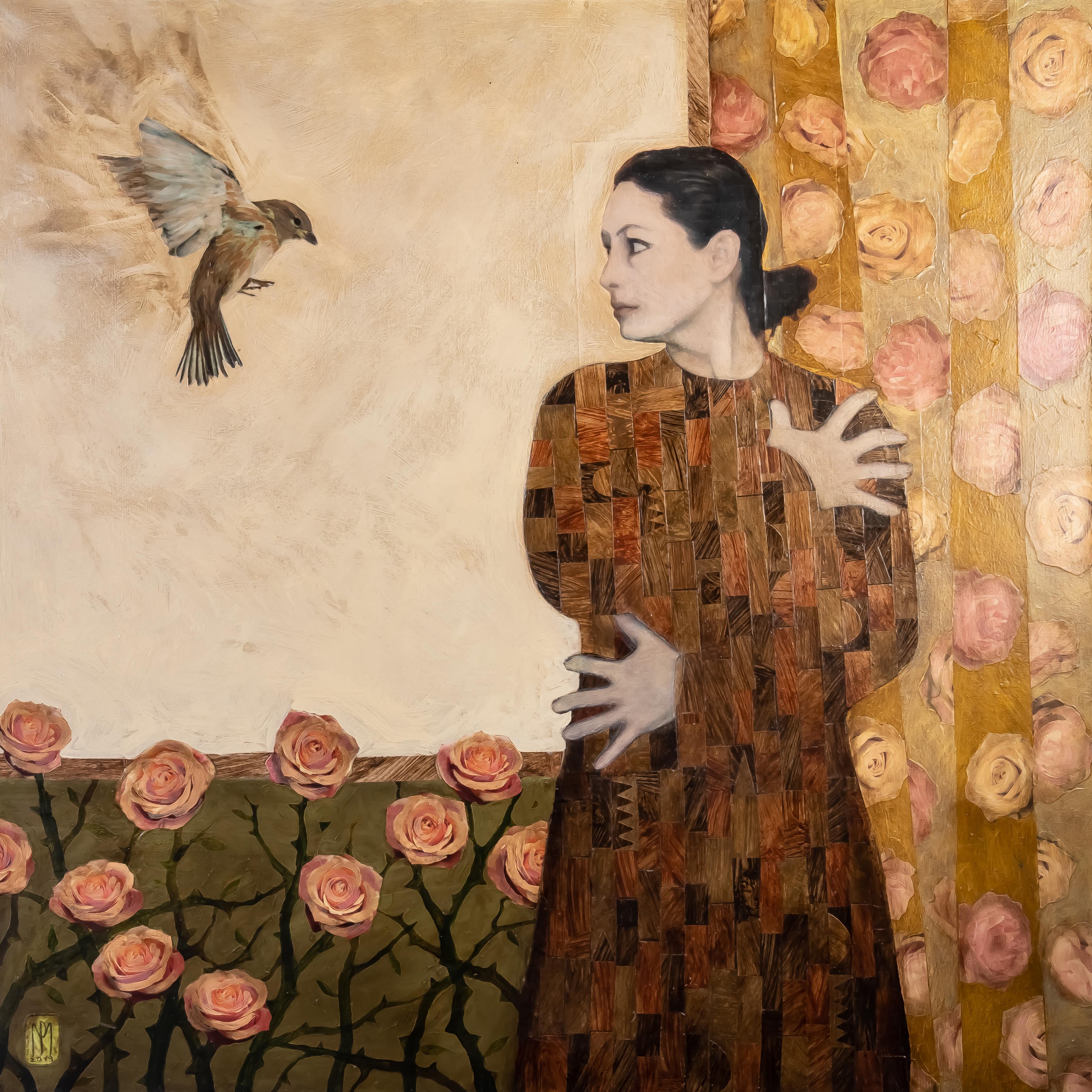 "Emily Suite #3" is one from a series of dramatic portraits of the artist's daughter, featured in the recent solo exhibition, "Spaces In Between." This 36 x 36 x 1.5 inch mixed media on canvas work features a woman in a protective stance as a bird