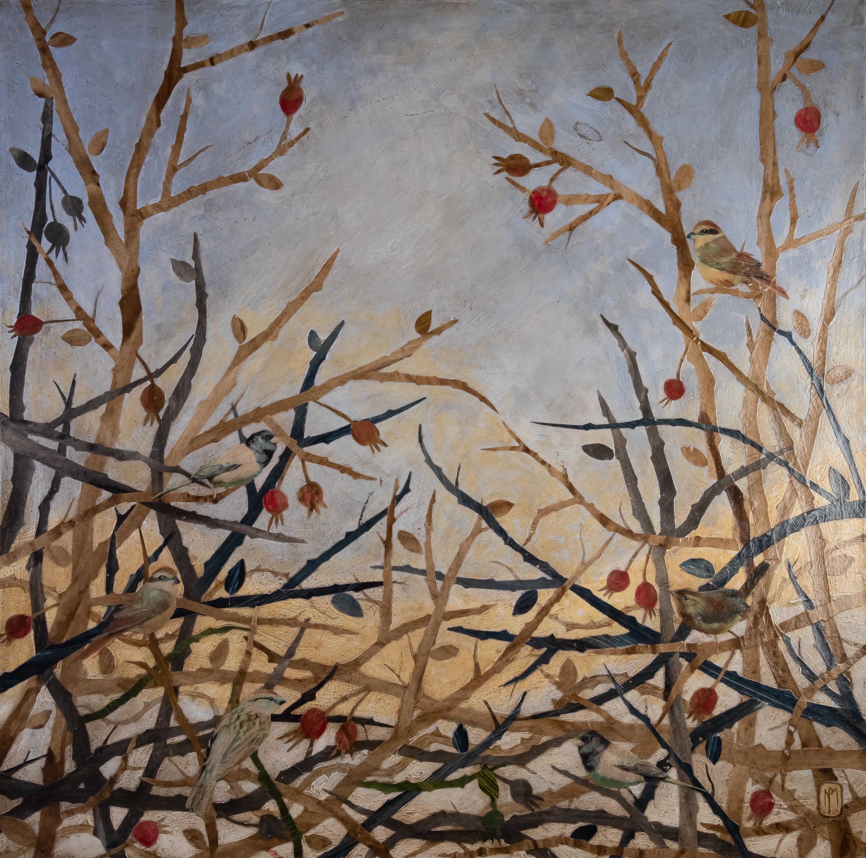 Esta pintura de paisaje en técnica mixta de formato cuadrado sobre lienzo de Paul Medina, "Medio Otoño, de 2022, mide 36 x 36 x 1,5 pulgadas.
Varias especies de aves de fríos colores terrosos se camuflan entre la escasa red del follaje otoñal.