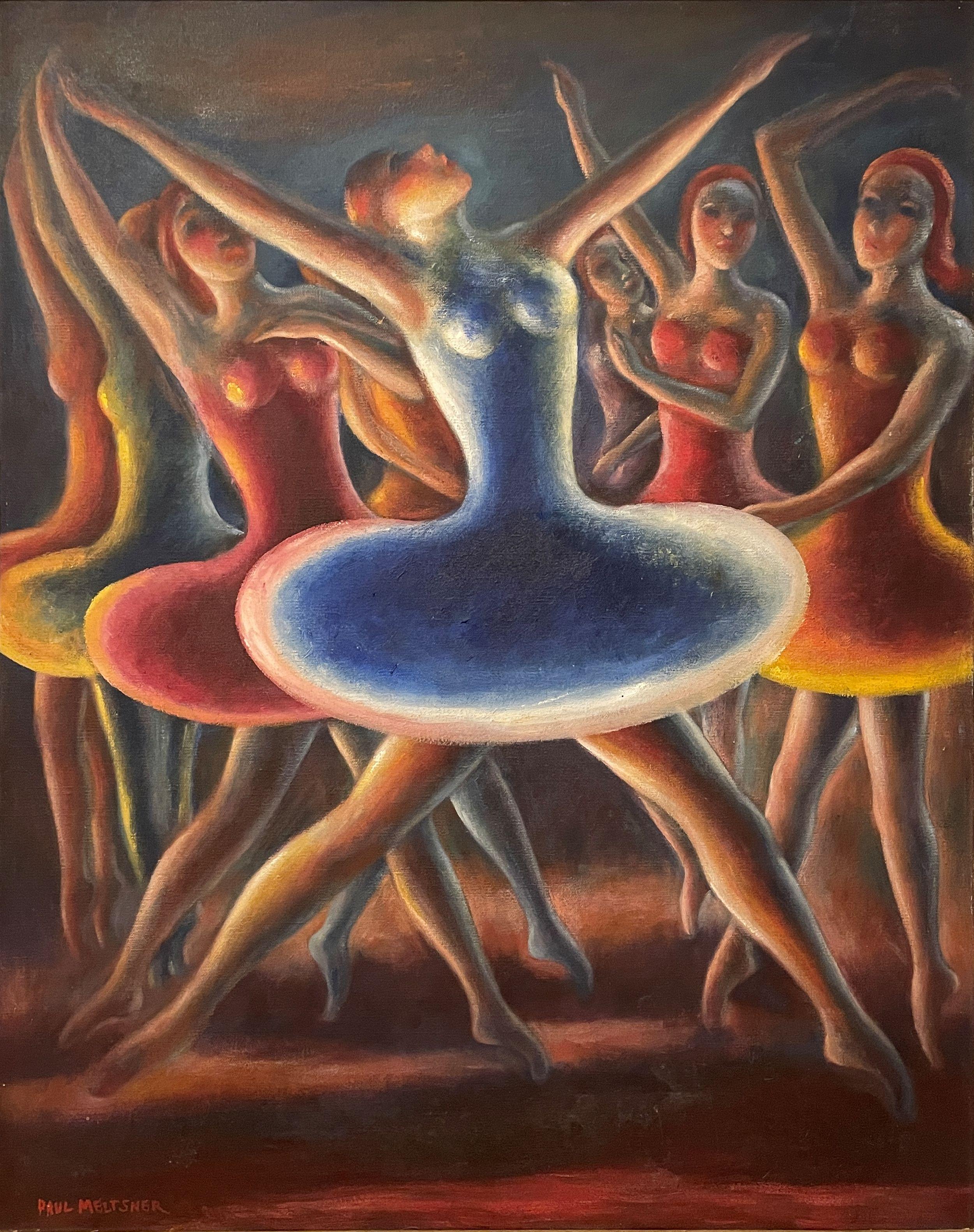 PAUL MELTSNER Figurative Painting - "Ballerinas, " Paul Meltsner, WPA American Modernism, Colorful Figurative Dancers