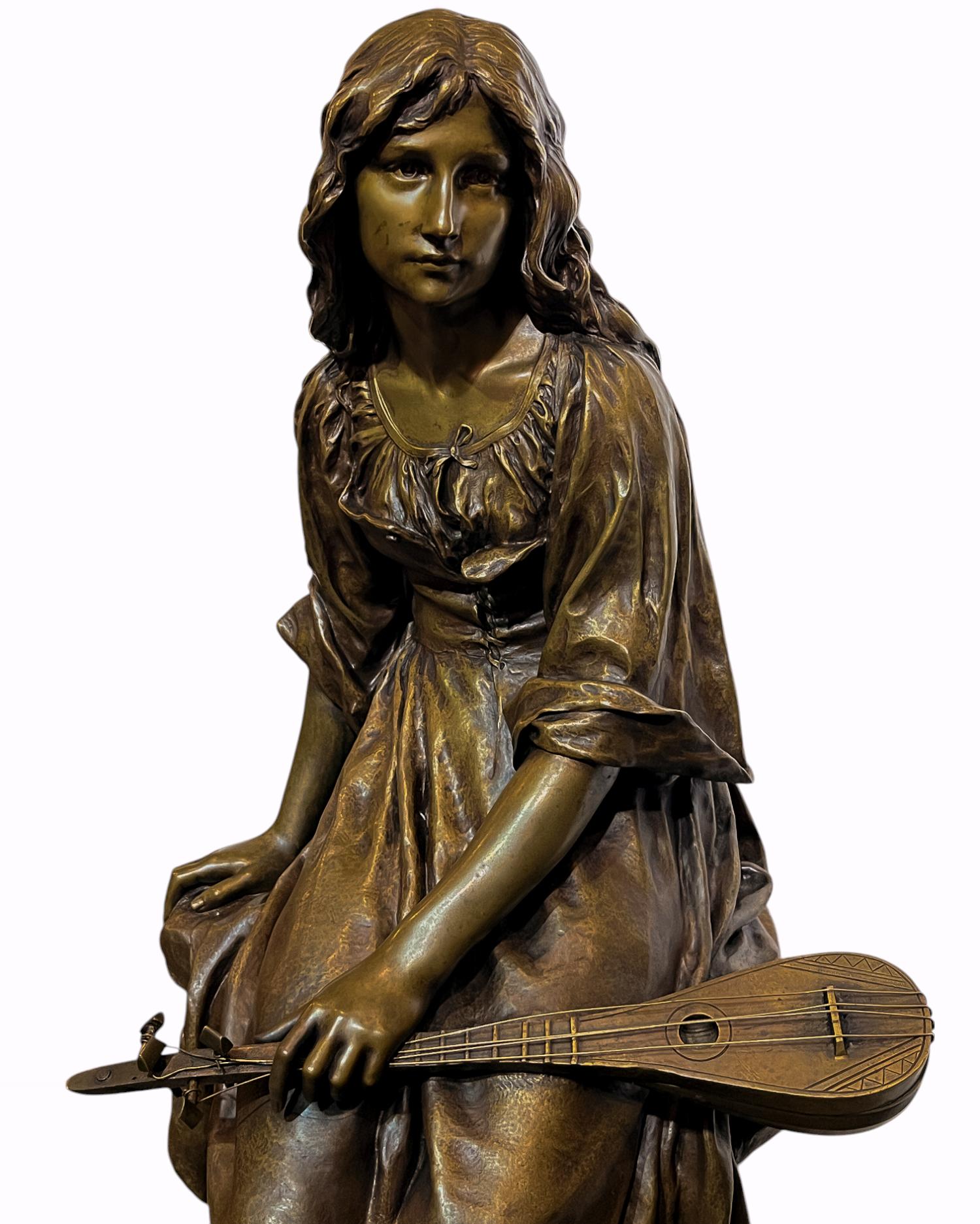 Paul Eugene Mengin (French, 1853-1937)  Soprano Mandolin Player - Sculpture by Paul Mengin