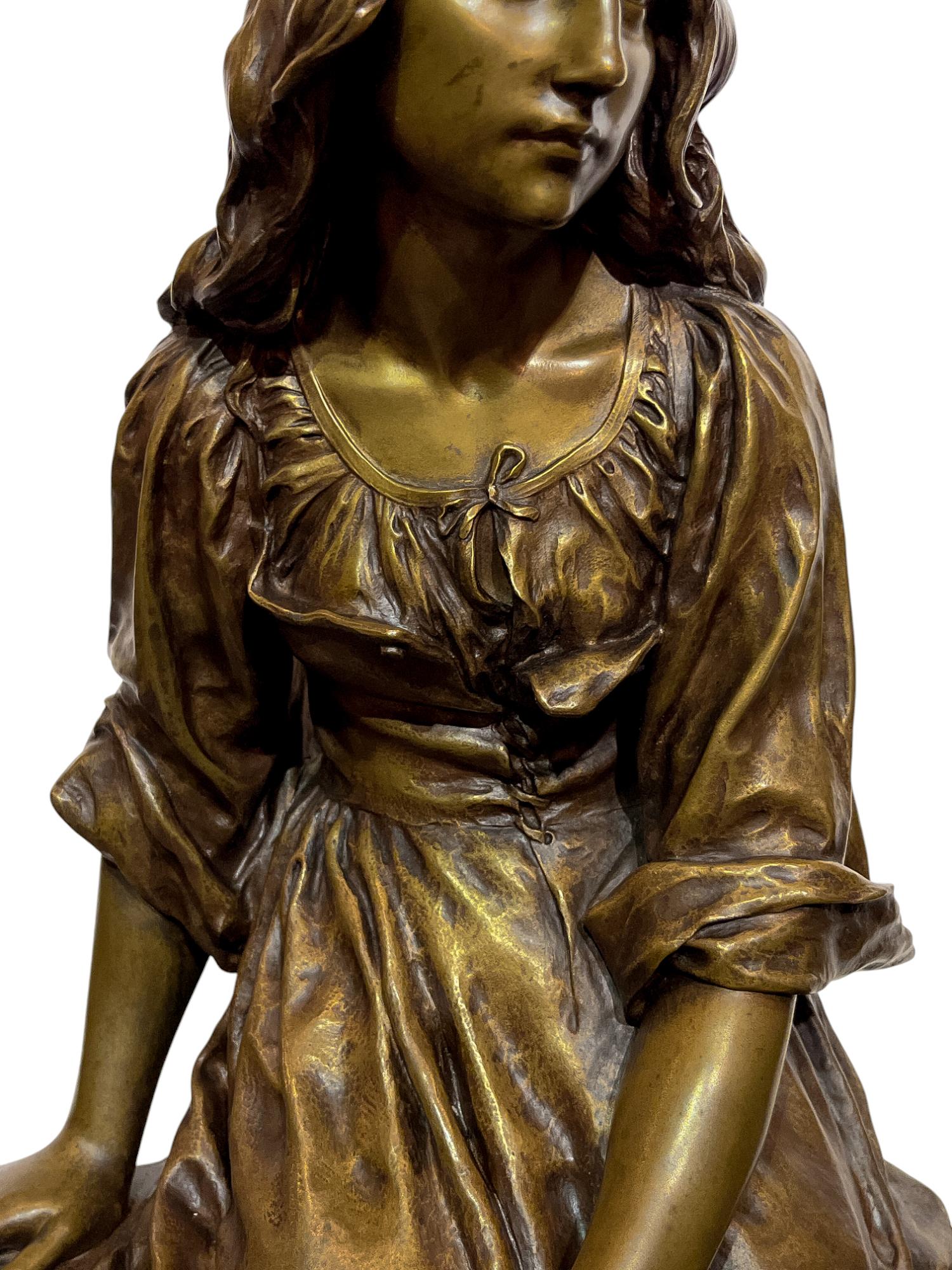 Paul Eugene Mengin (French, 1853-1937)


A female figural bronze statue of a soprano mandolin player. Rendered beautifully, the soft folds and drapes of her clothing and hair are crisply modeled, yet delicate. Mounted on a revolving rouge marble