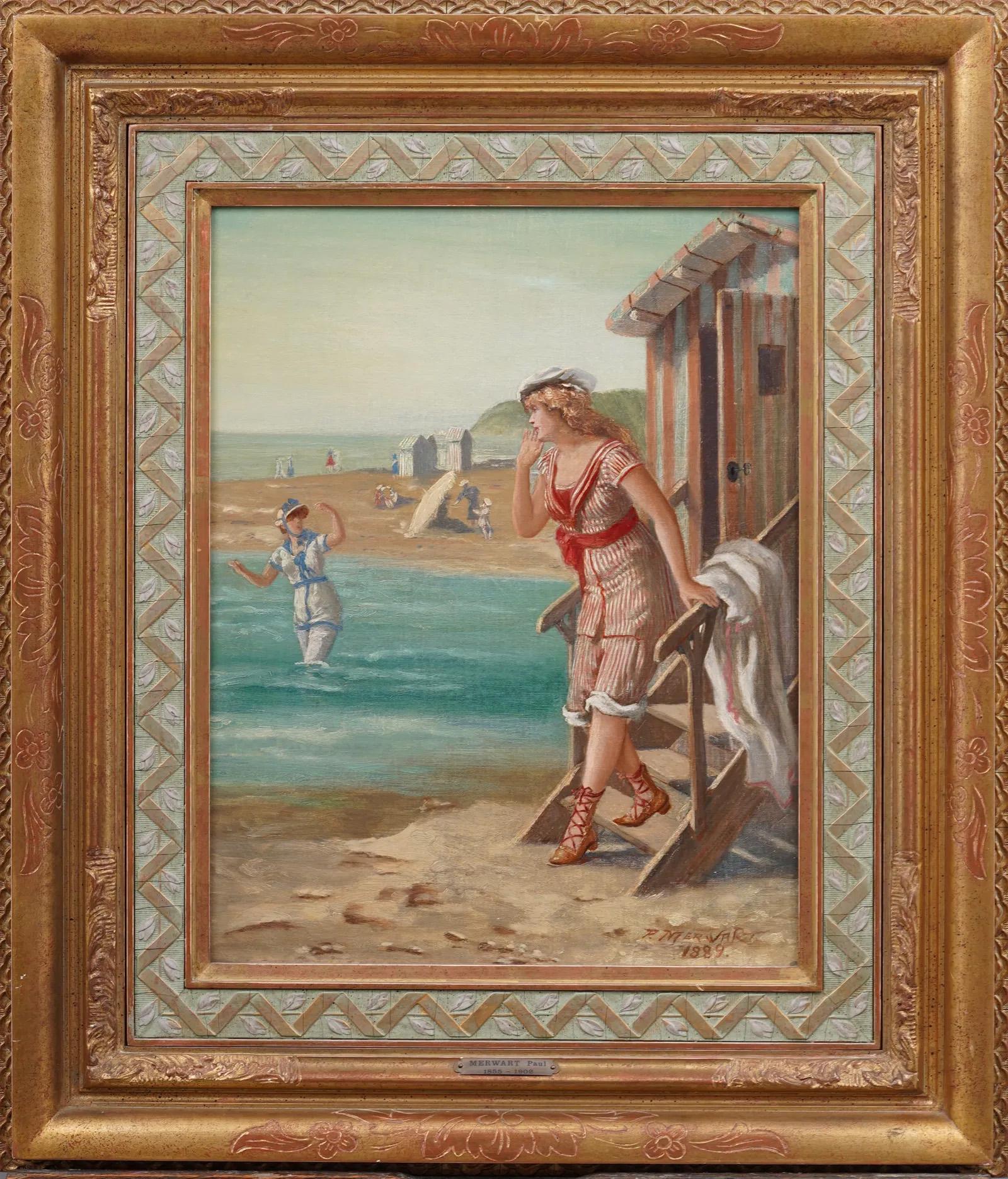 Antiquity Important Polish Beach Scene Seascape Encadré Original Oil Painting - Marron Landscape Painting par Paul Merwart 