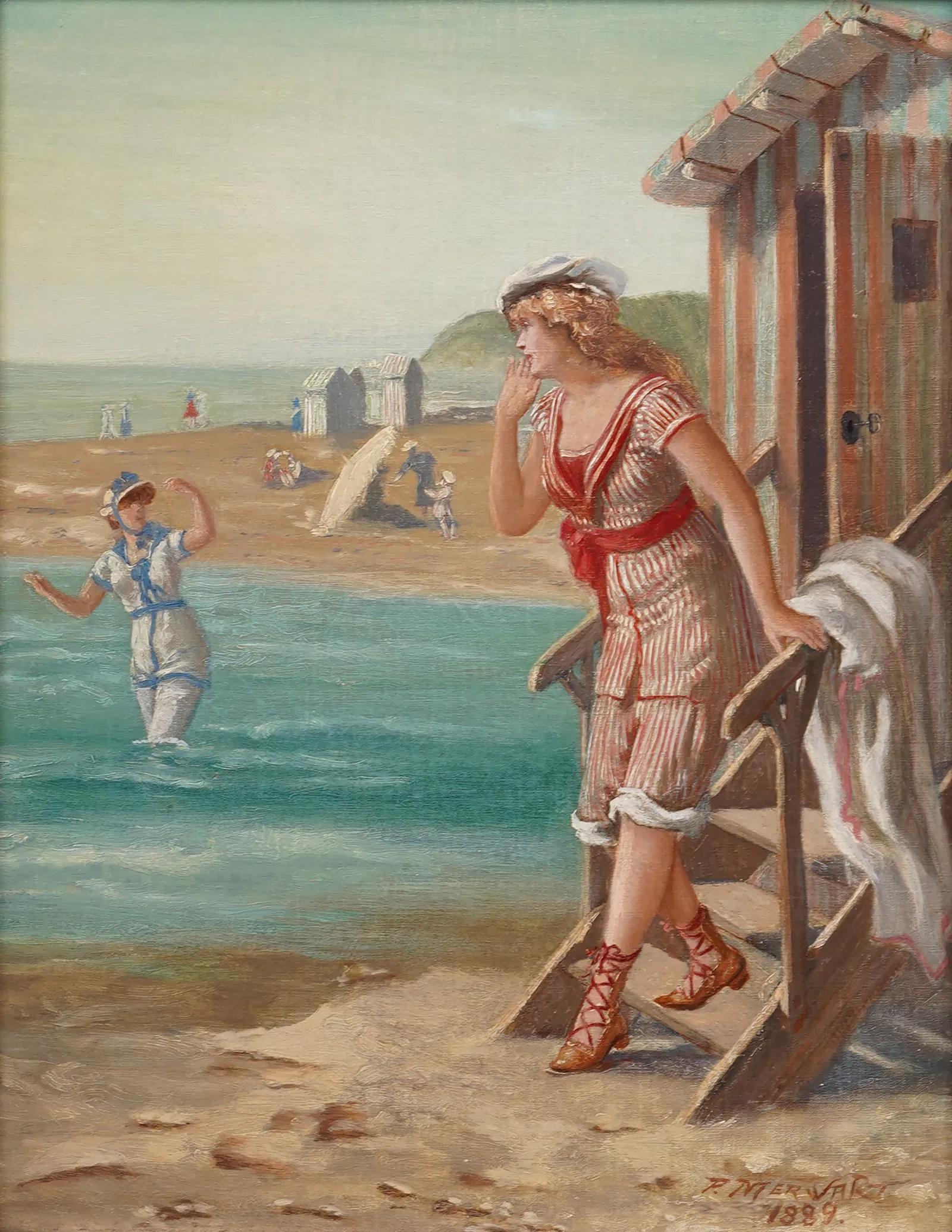 Ancienne et élégante peinture à l'huile polonaise de Paul Merwart (1855 - 1902) représentant une scène de plage.  Finement détaillé avec de belles couleurs. 
 Huile sur toile. Signé. Encadré.  Taille de l'image, 13L par 16.25H