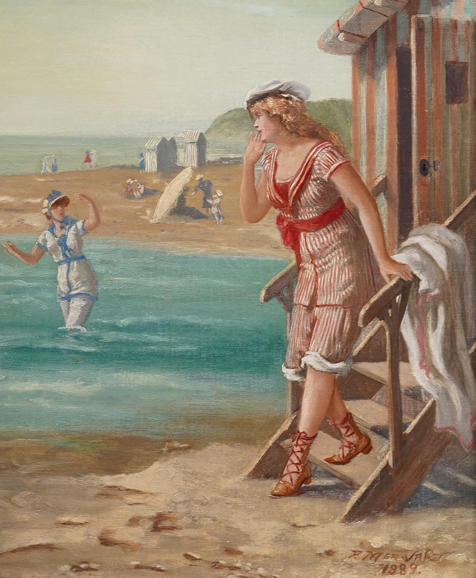 Antiquity Important Polish Beach Scene Seascape Encadré Original Oil Painting en vente 1