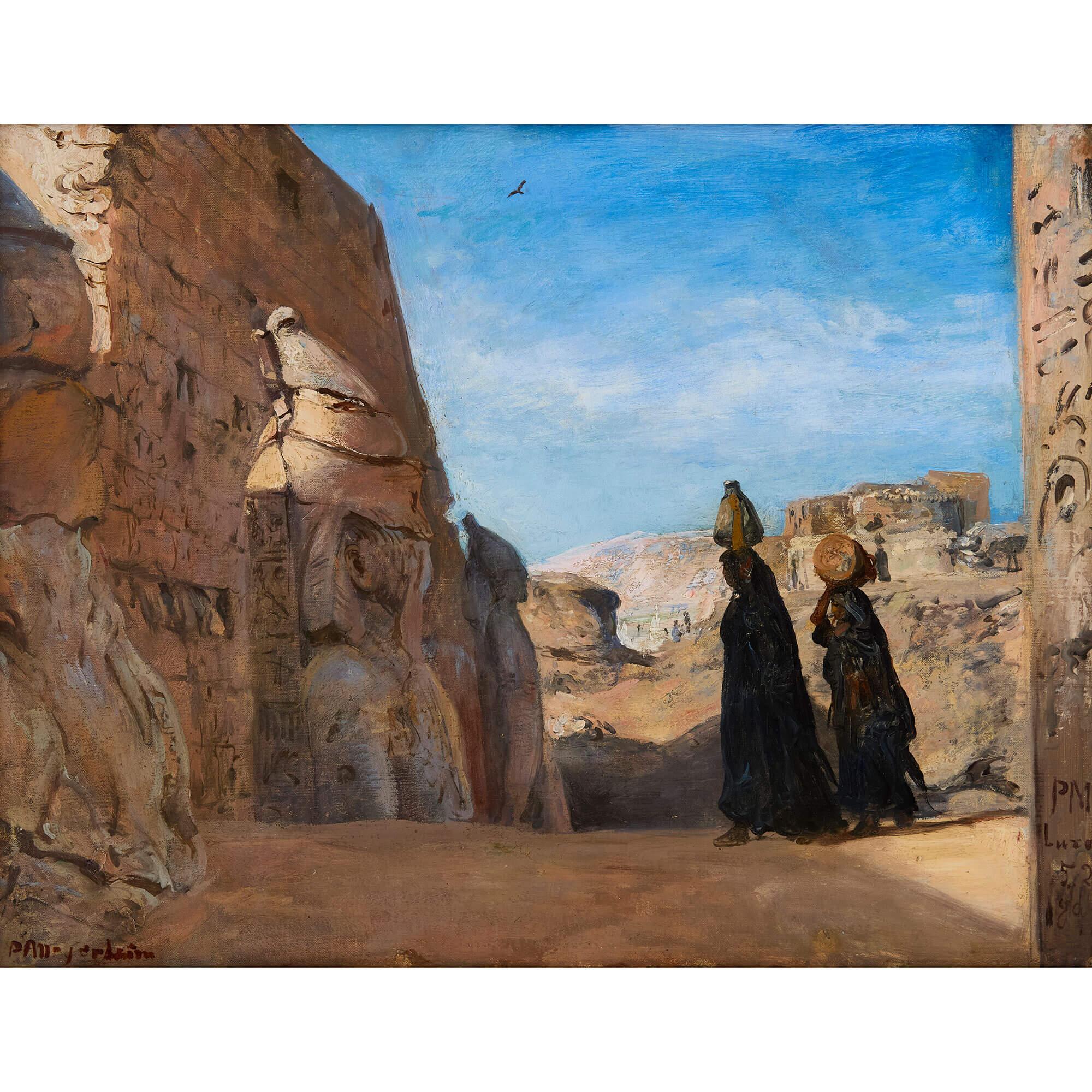 Antico dipinto a olio orientalista tedesco raffigurante un tempio egiziano di Meyerheim - Painting di Paul Meyerheim
