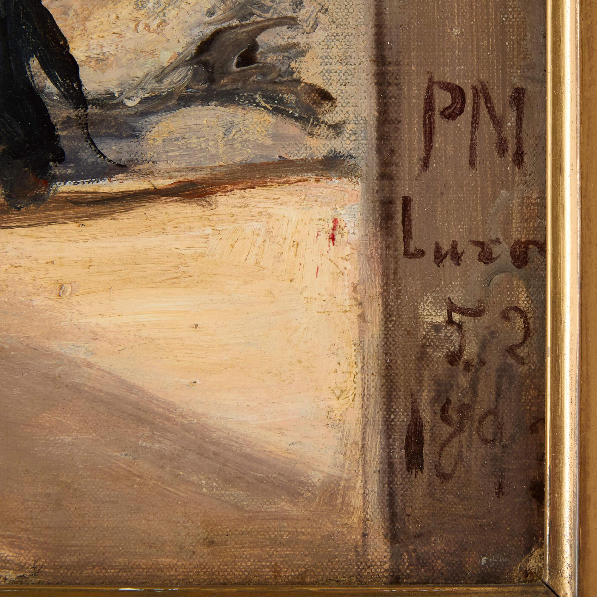 Antico dipinto a olio orientalista tedesco raffigurante un tempio egiziano di Meyerheim - Figurative Painting Marrone di Paul Meyerheim