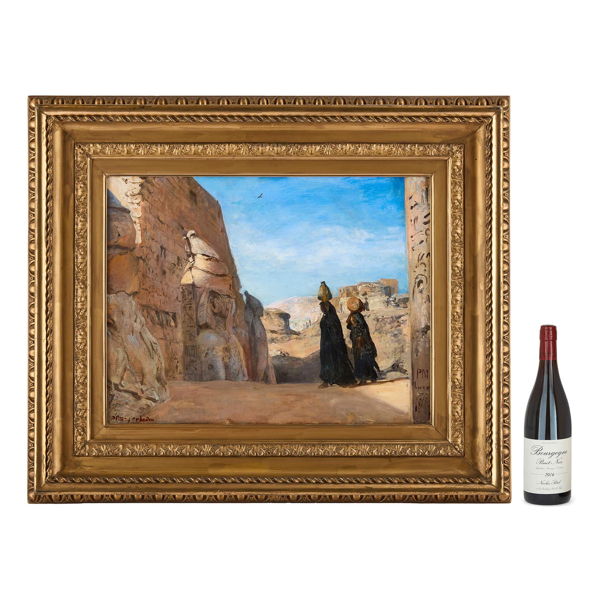 Antico dipinto a olio orientalista tedesco raffigurante un tempio egiziano di Meyerheim in vendita 2