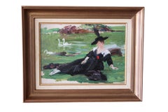 Antique French Impressionist Oil Painting Set of 2 Woman in Landscape paintings