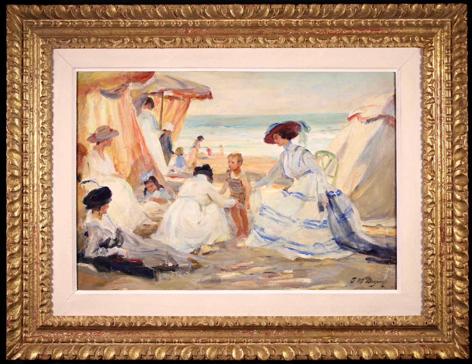 A charming oil on original canvas by French post impressionist painter Paul Michel Dupuy. The work depicts elegant ladies and children sitting on the beach shaded by tents enjoying a day at the seaside on a bright summer's day.

Signature:
Signed