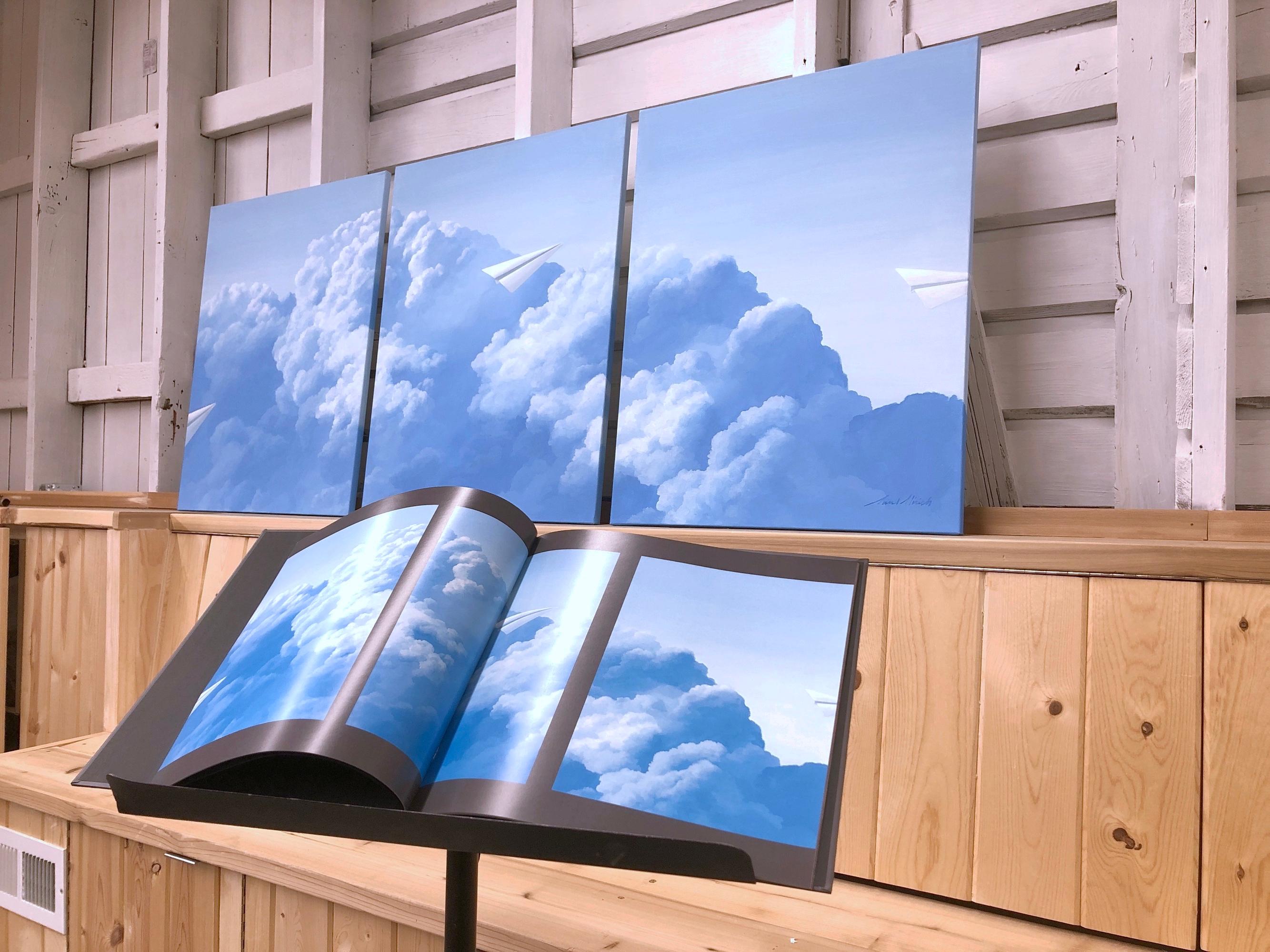 From Paul Micich's 'Paper Airplane' series, this acrylic and alkyd triptych painting on canvas features a paper airplane in flight through cumulous clouds. The sky blue atmosphere with the billowing clouds evokes thoughts from the viewer of plane