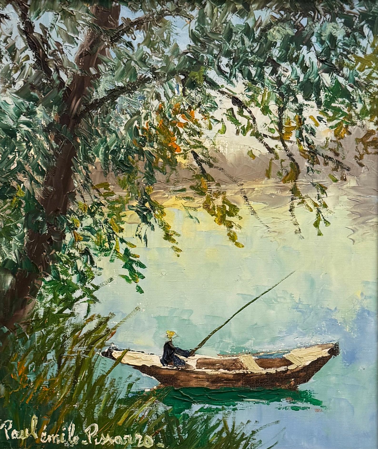 Pêcheur sur l'étang (Fischer auf dem Teich) – Painting von Paul-Émile Pissarro