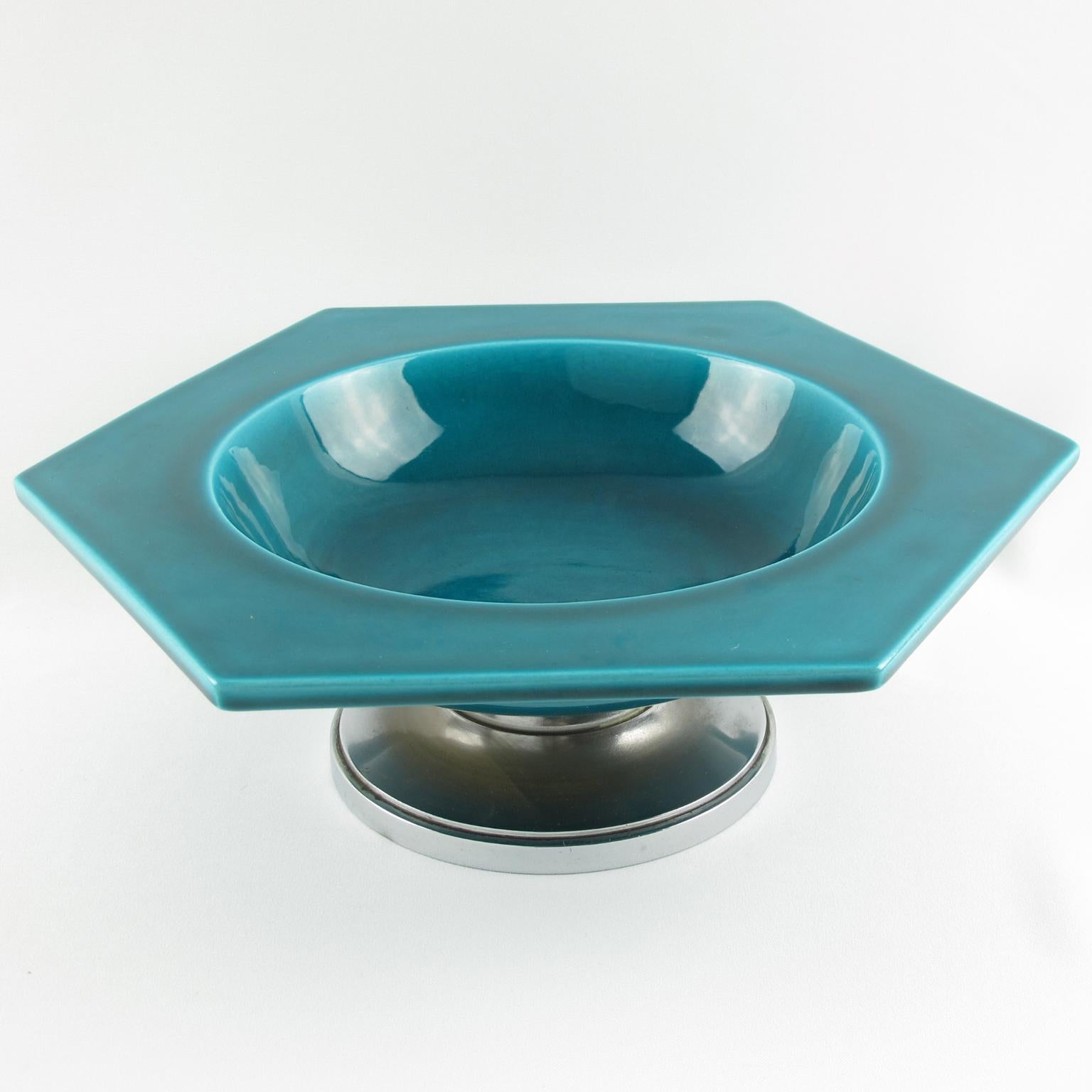 Striking French Art Deco modernist ceramic decorative bowl or centerpiece by Paul Milet (1870-1950) for Manufacture de Sevres, France. Geometric shape with turquoise glaze on a nickeled bronze pedestal base. Signed and marked PM and Sevres