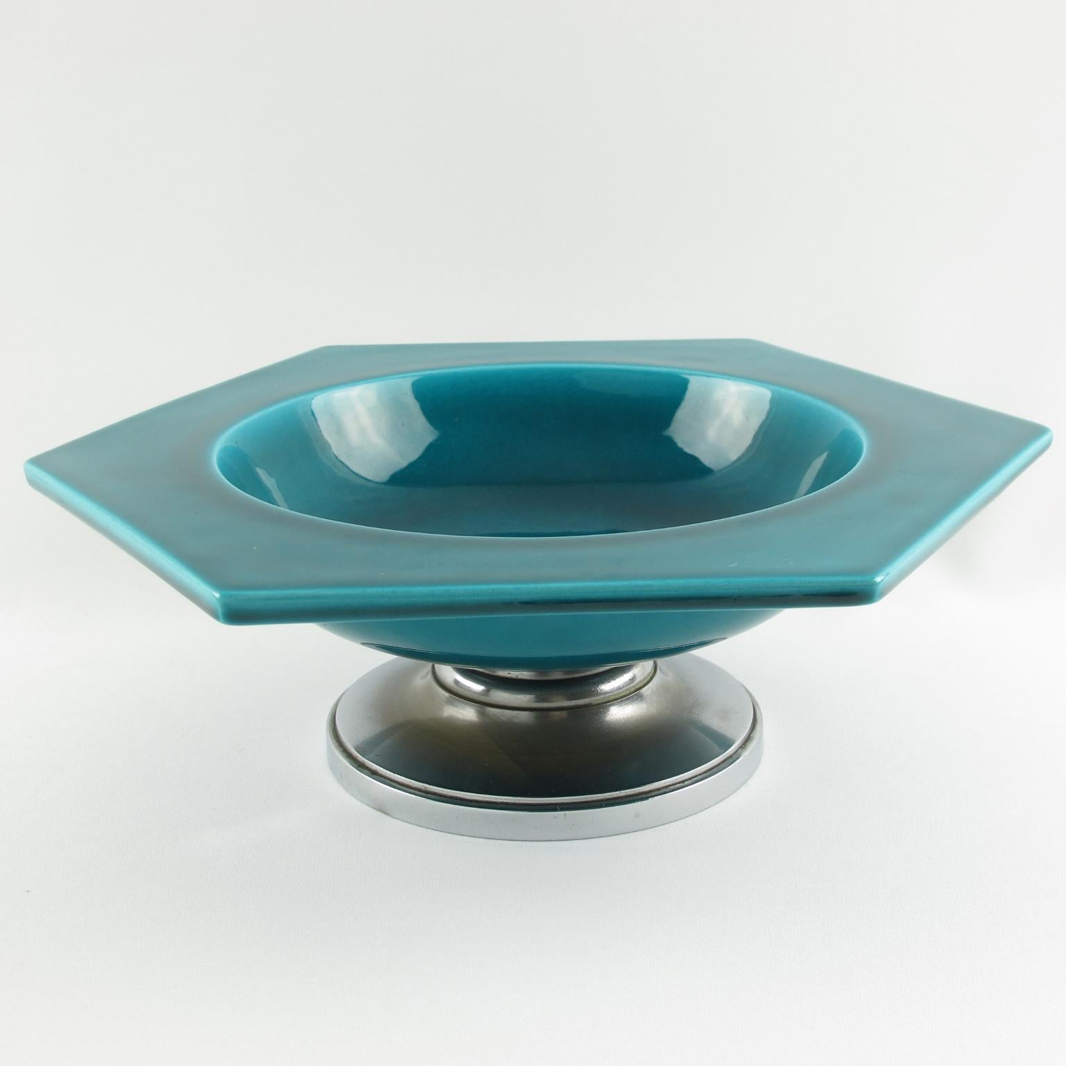 Paul Milet for Sevres Art Deco Bronze and Turquoise Ceramic Centerpiece Bowl In Good Condition In Atlanta, GA