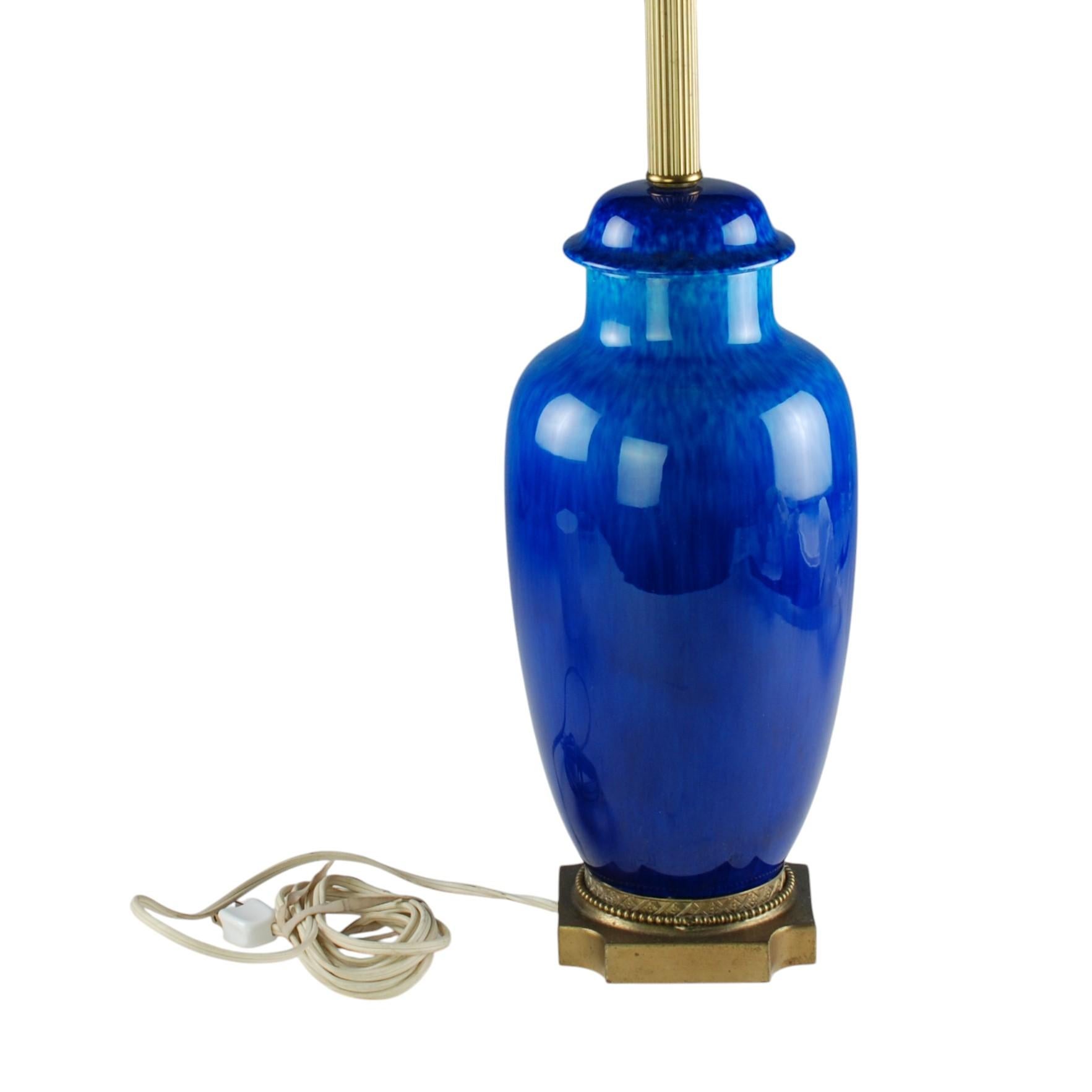 French Paul Milet for Sèvres Azure Art Deco Table Lamp with Glass Diffuser Shade For Sale