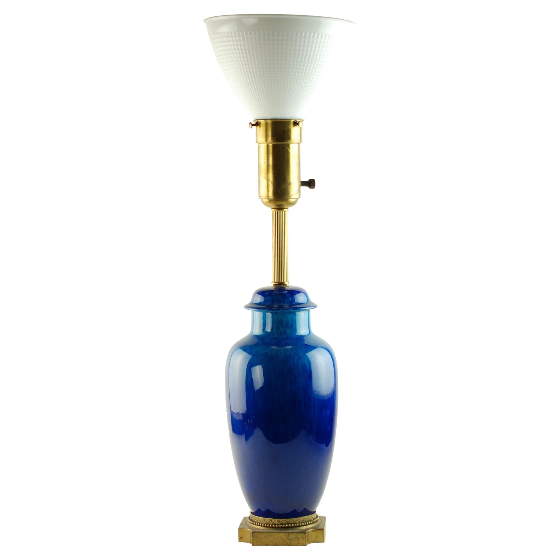 Paul Milet for Sèvres Azure Art Deco Table Lamp with Glass Diffuser Shade